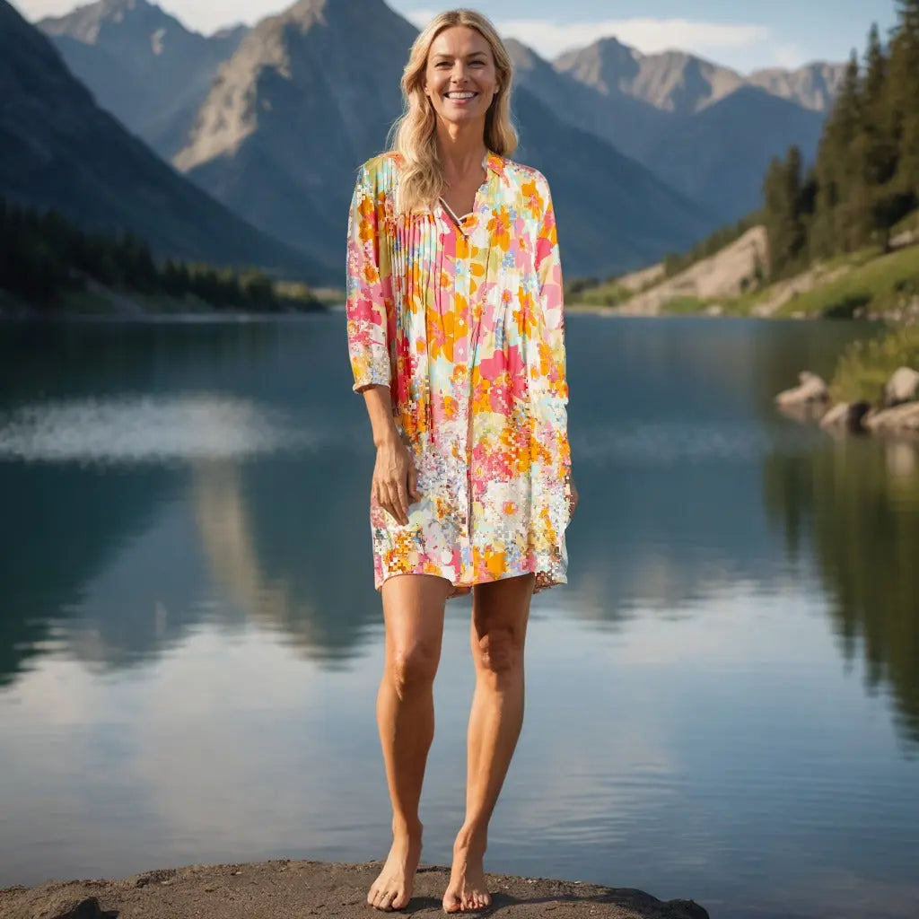 Floral maxi dress ideal for mountain vacation and lake sightseeing” “Flowy midi dress perfect for hiking trails and waterside dining” “Lightweight sundress for lake trip with breathable fabric