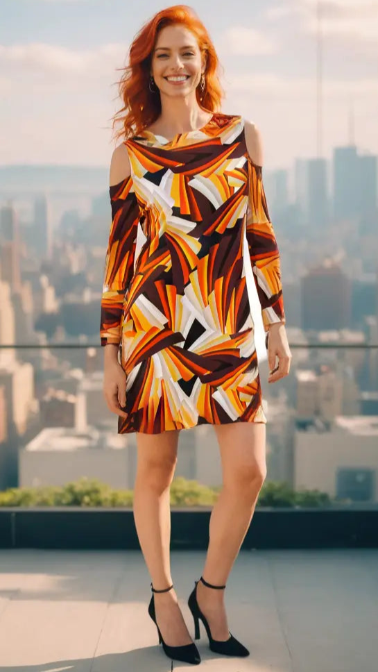 Geometric Print Cold Shoulder Resort Dress La Moda Clothing