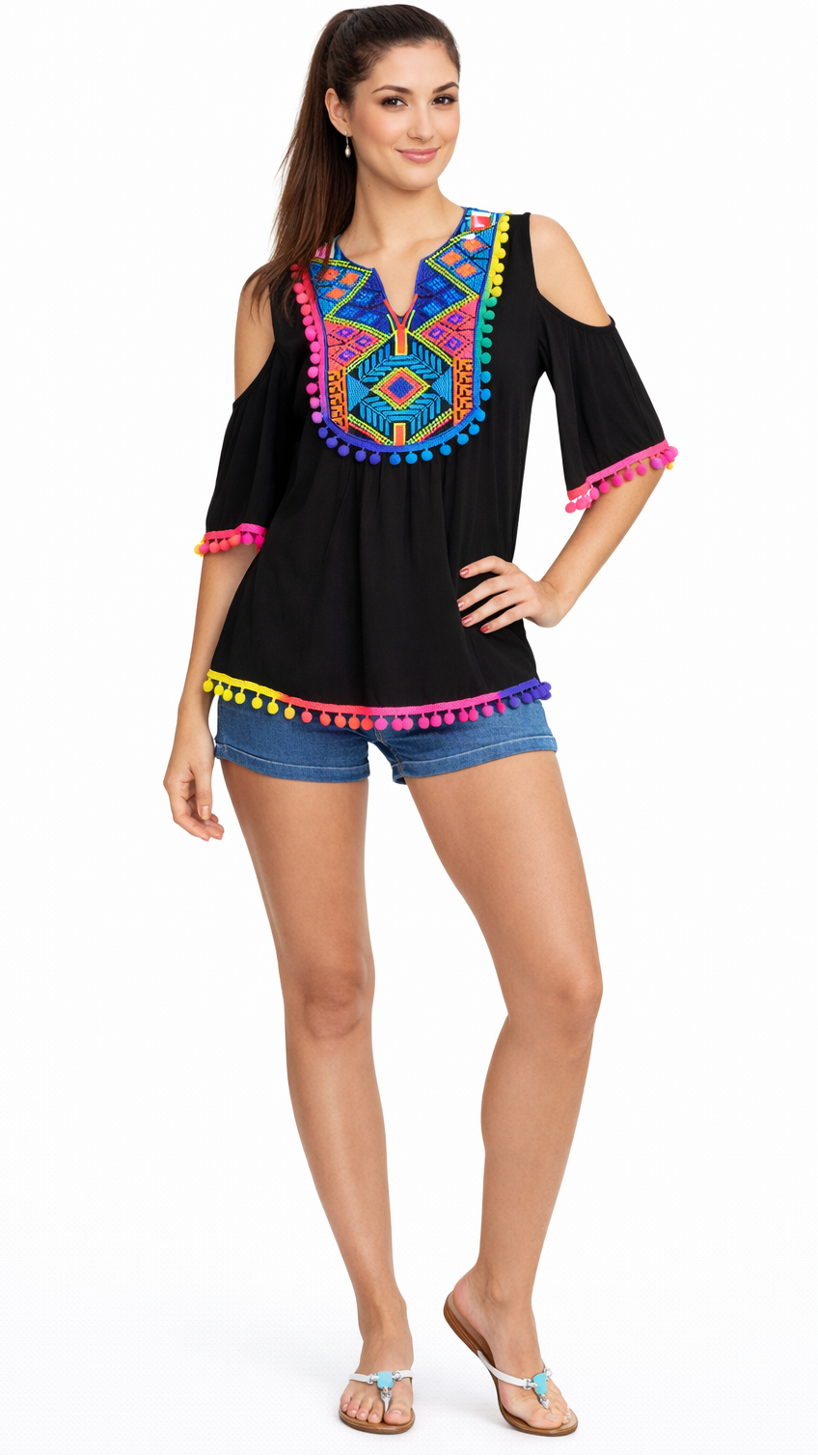 Club Moda Beach Tops with playful pompoms - Designer Tops | Elegant Kaftan Cover Up Dress | Club Moda USA