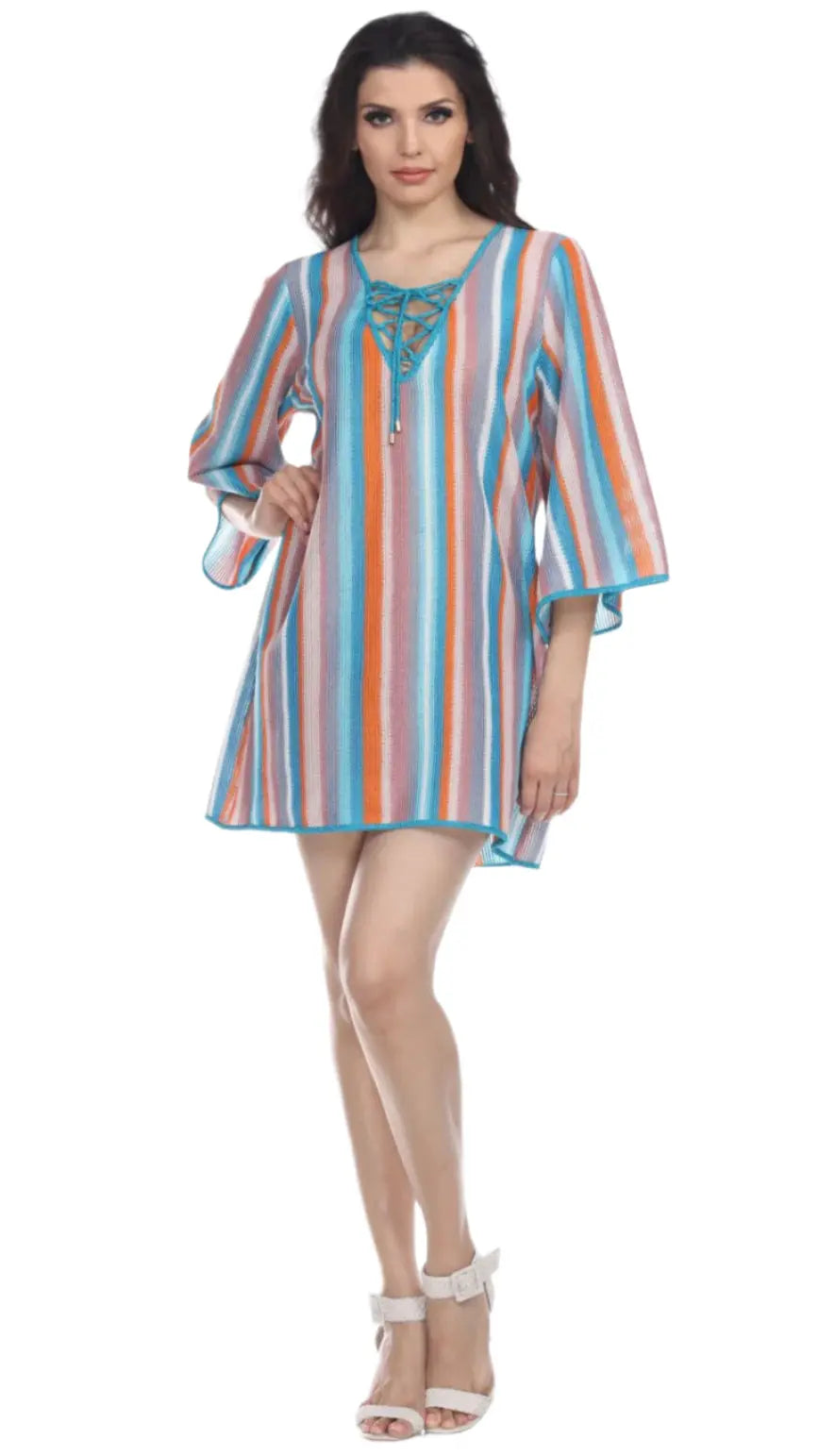 Multi-Color Stripe Pattern Beach Cover-Up Tunic Lamodaclothing