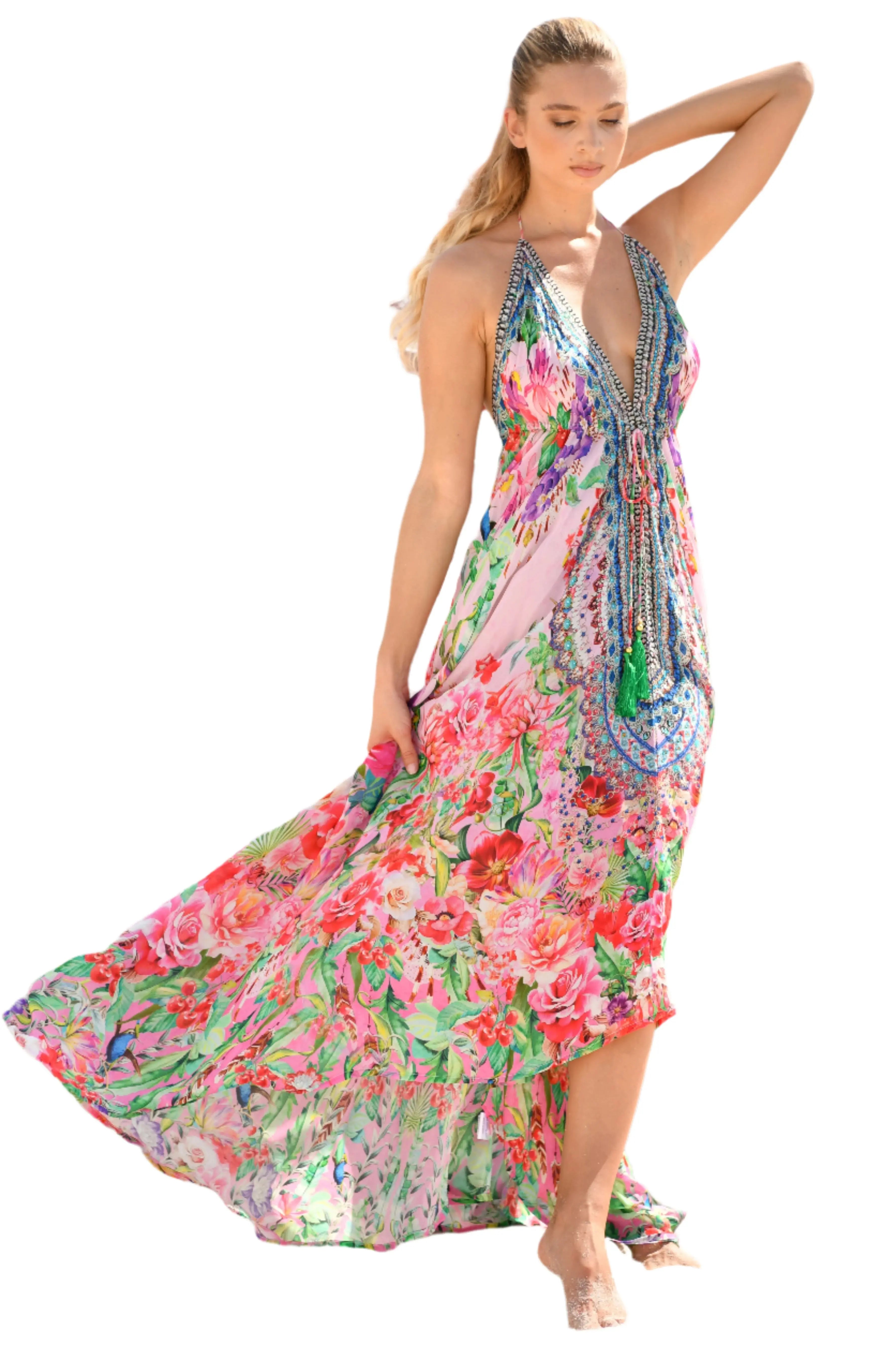 Endless Summer Designer Halter Neck Backless Resort Dress Lamodaclothing