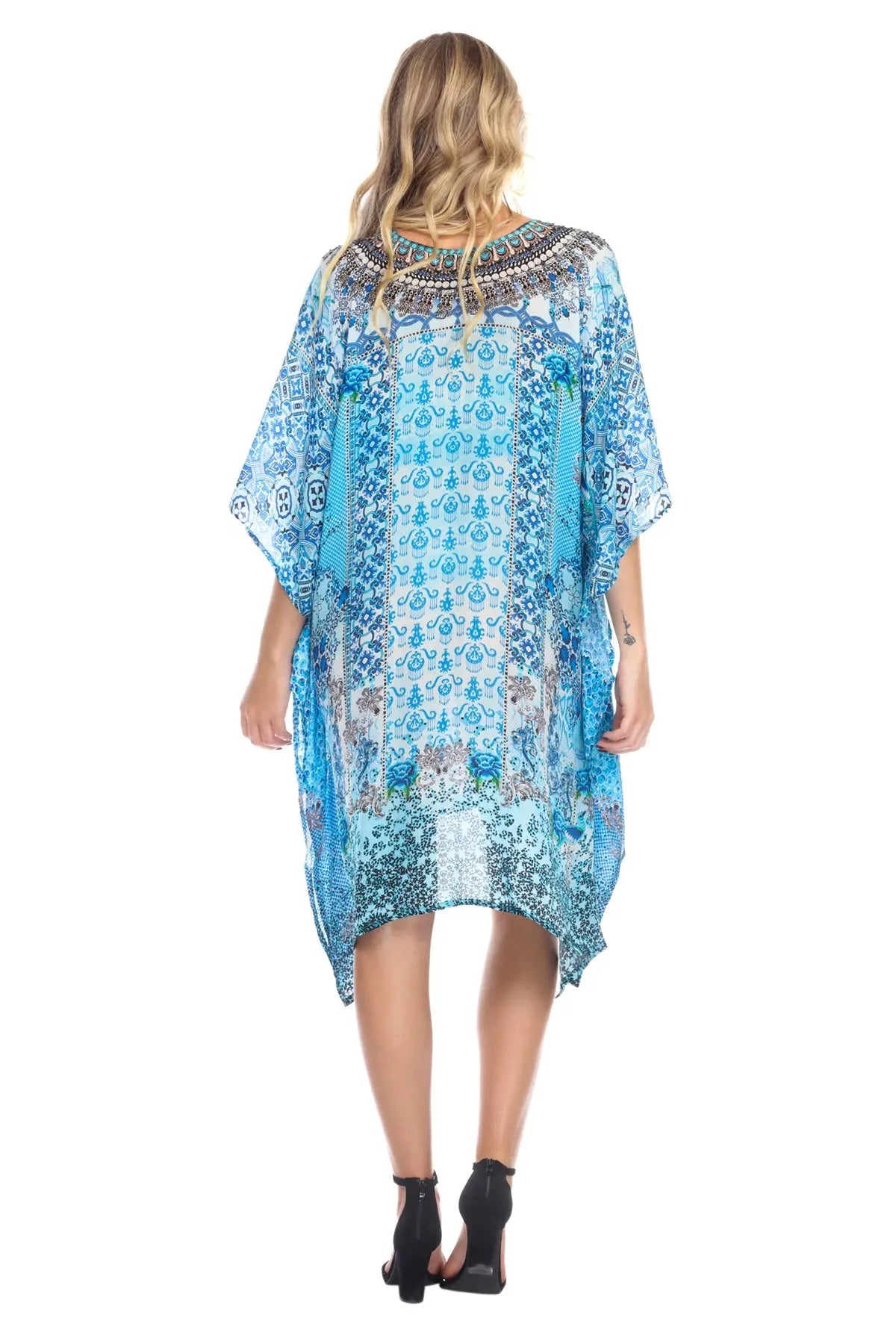 Beach Bliss Luxury Silk Caftan Dress/Cover Up with V-Neck Jewels - La Moda Clothings