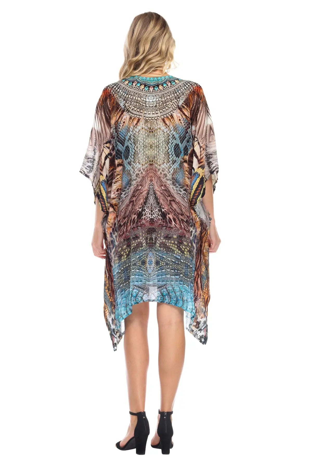 Women's Viscose Silk Caftan Poncho Cover up V Neck Top Lace up - La Moda Clothings