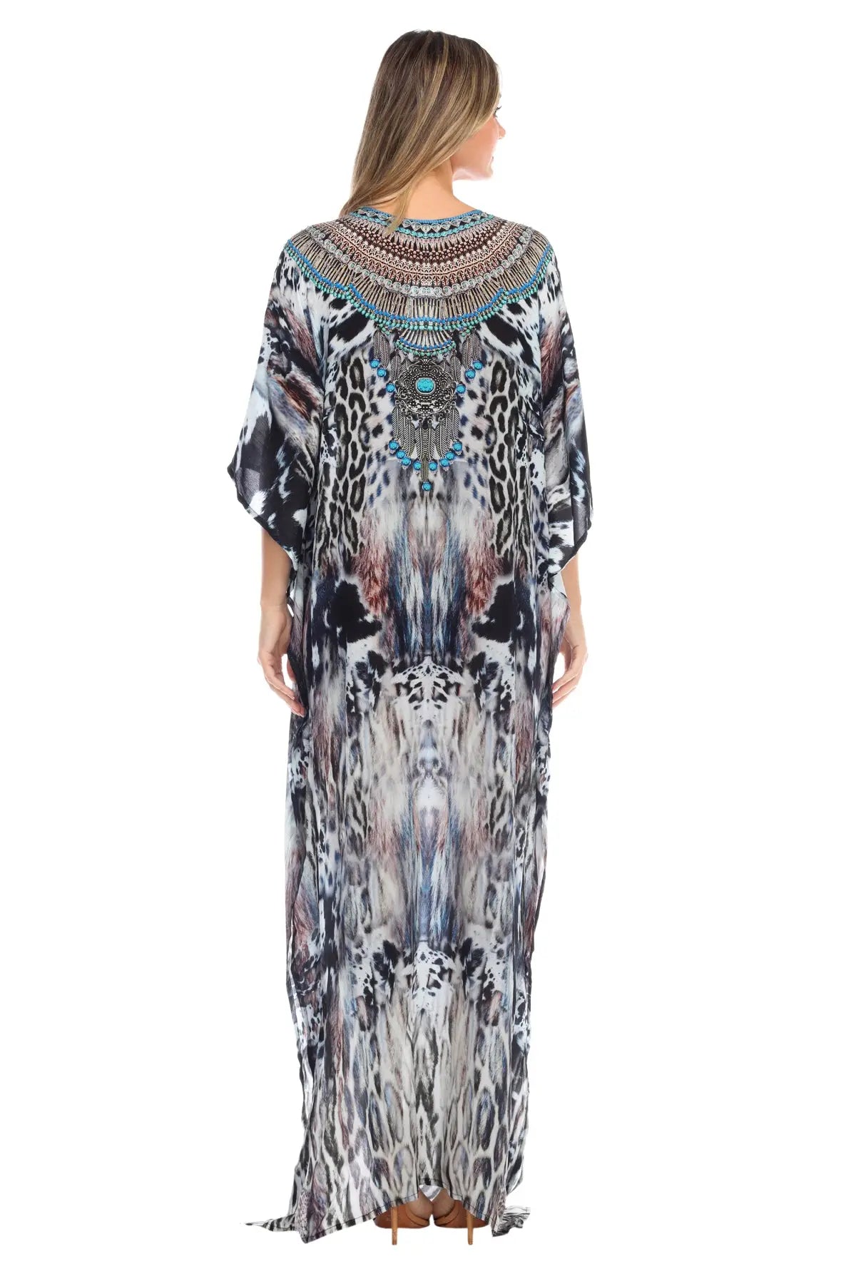 Clouded Leopard Long Caftan Maxi Dress - La Moda Clothings