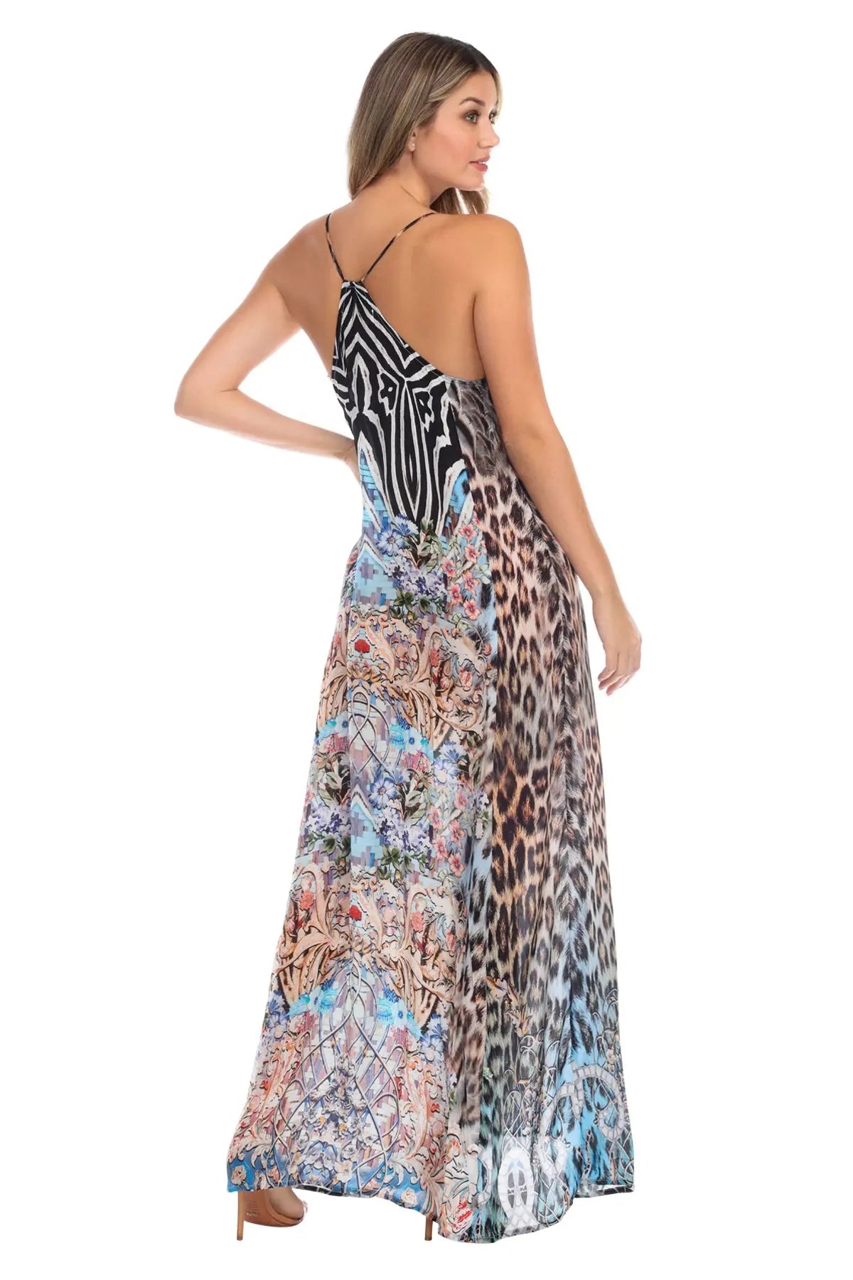 Blue Leopard Elegant Maxi Pocket Dress in Viscose Silk - La Moda Clothings