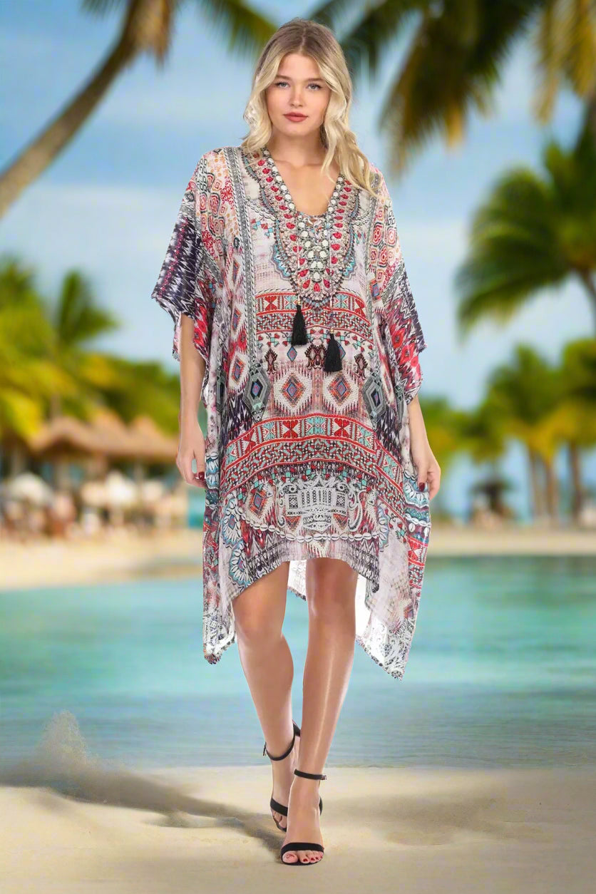 Ligthweight Rhinestone V Neck Printed Short Caftan in Viscose Silk - La Moda Clothings