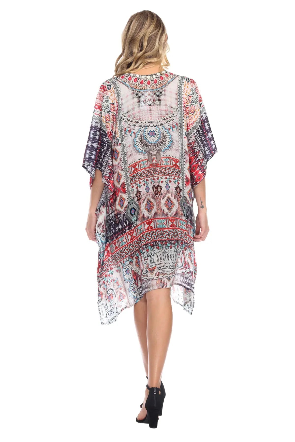 Ligthweight Rhinestone V Neck Printed Short Caftan in Viscose Silk - La Moda Clothings