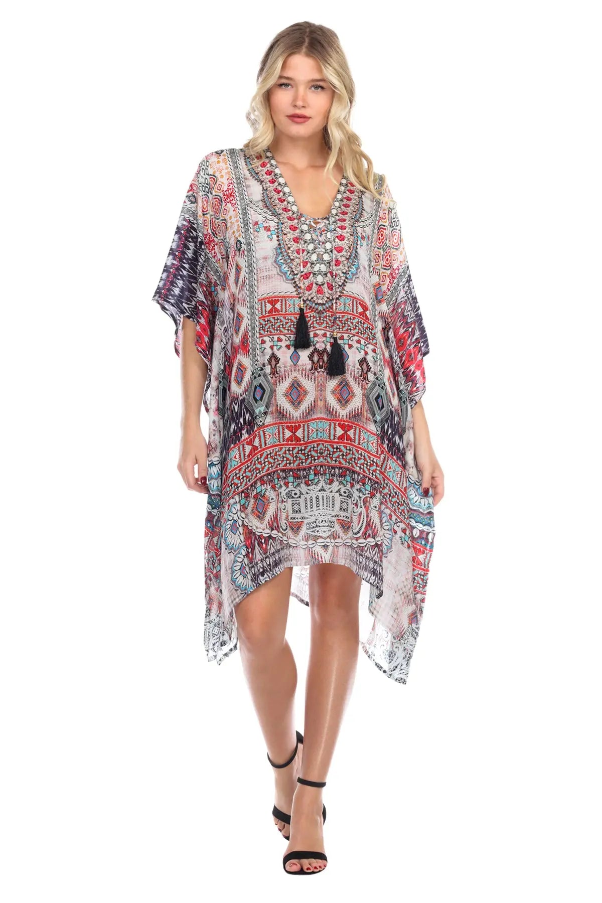 Ligthweight Rhinestone V Neck Printed Short Caftan La Moda Clothings