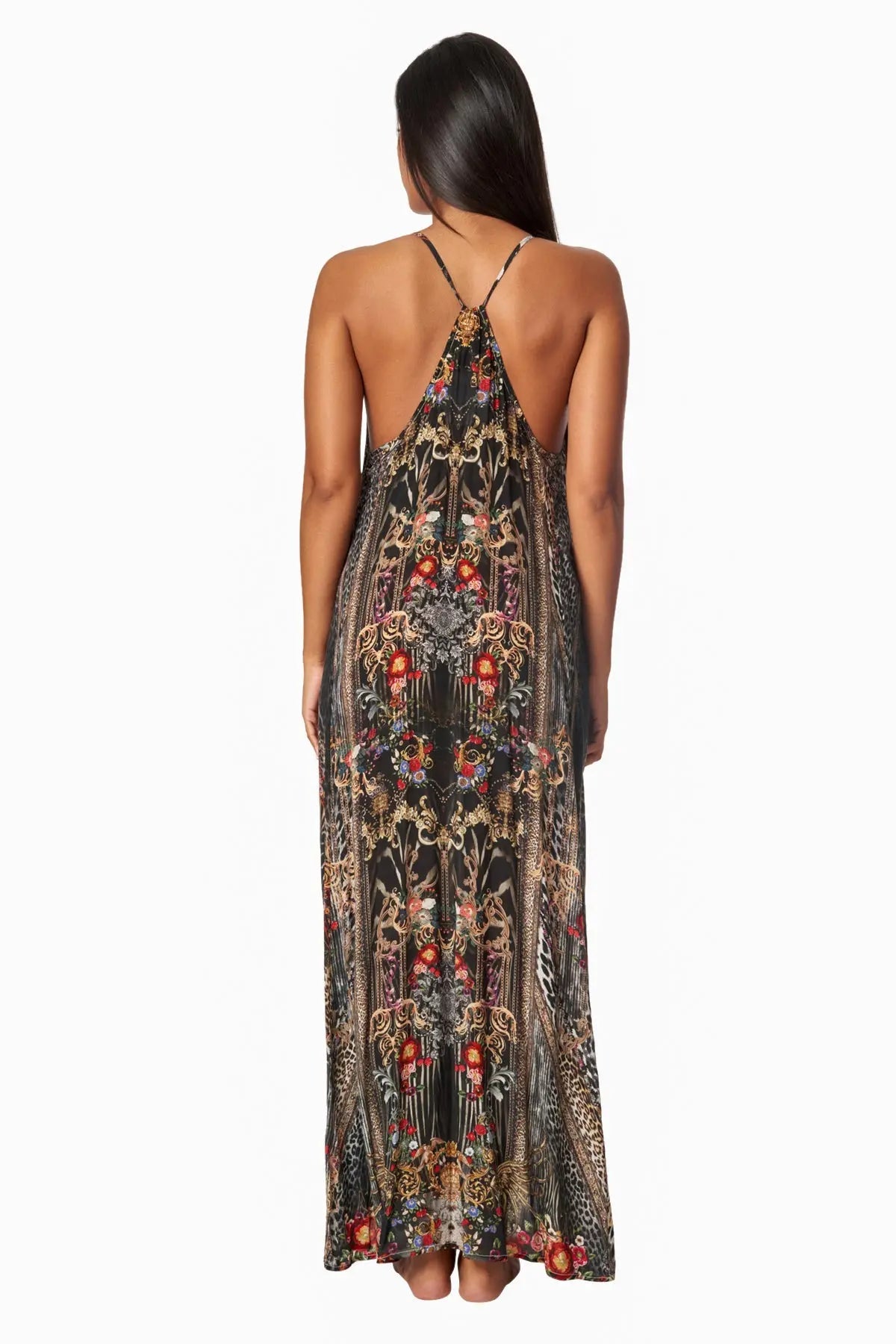 Eclectic Jungle T-back Maxi Dress with Front Pockets - La Moda Clothing