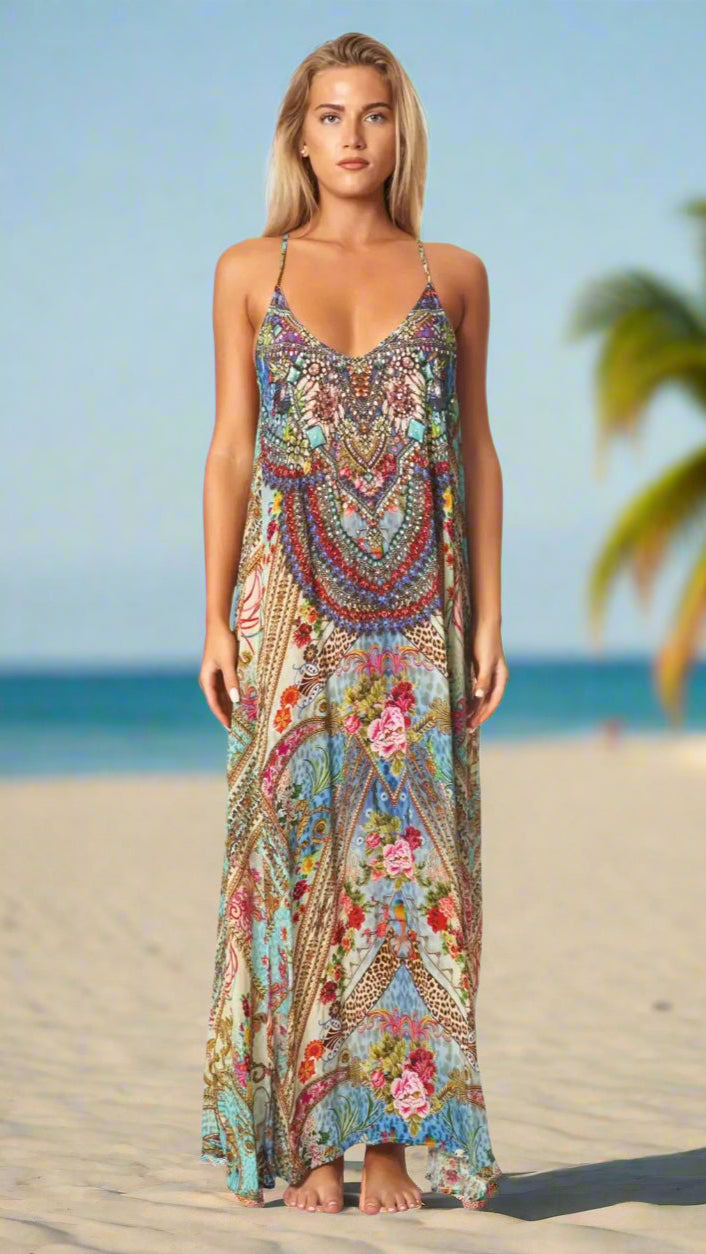 Queens Garden Bohemian T-back Maxi Dress with Front Pockets - La Moda Clothing