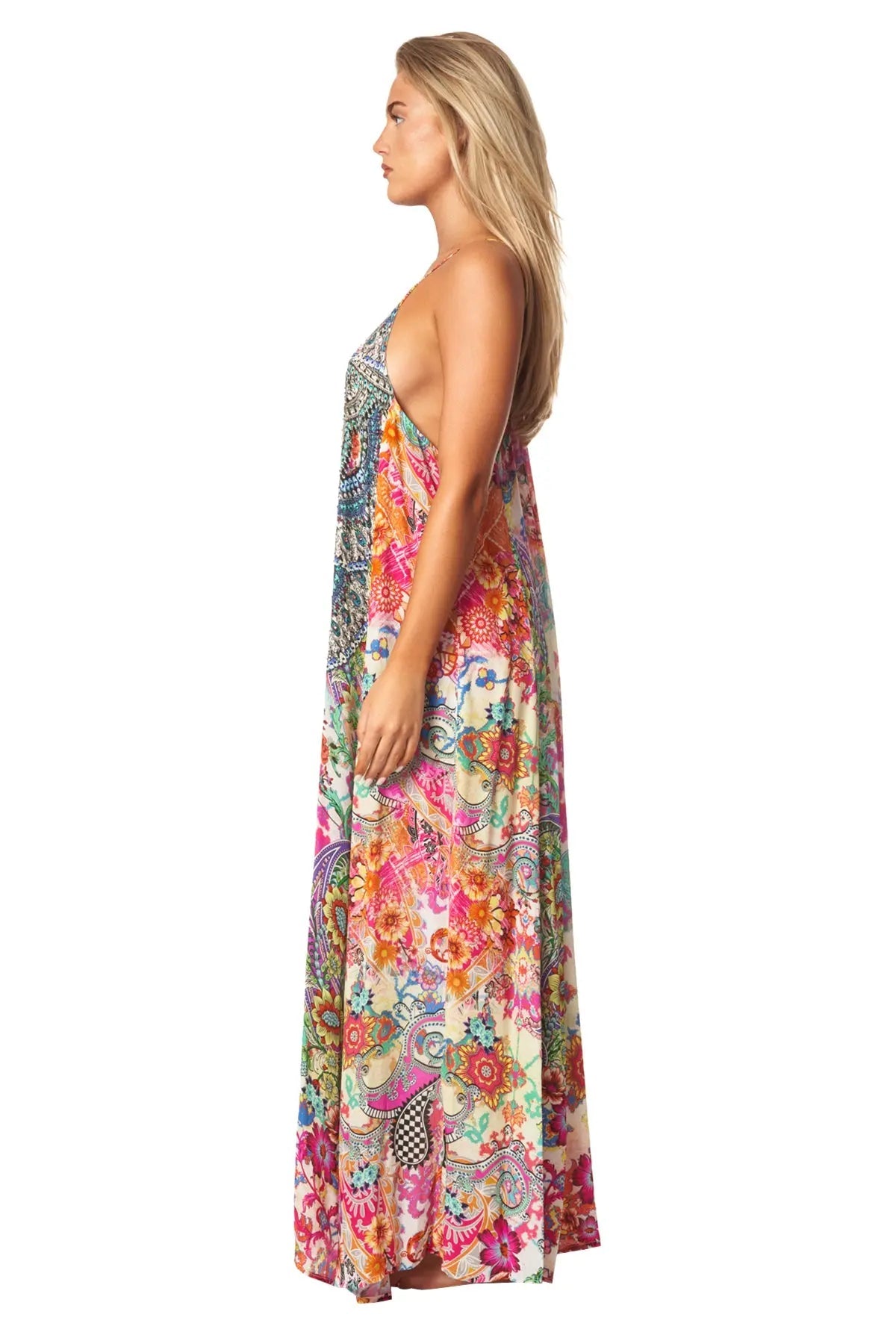 Eden Garden Bohemian T-back Maxi Dress with Front Pockets - La Moda Clothing
