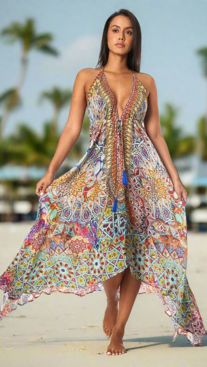 River Bed Designer Halter Neck Backless Resort Dress For Woman - La Moda Clothing