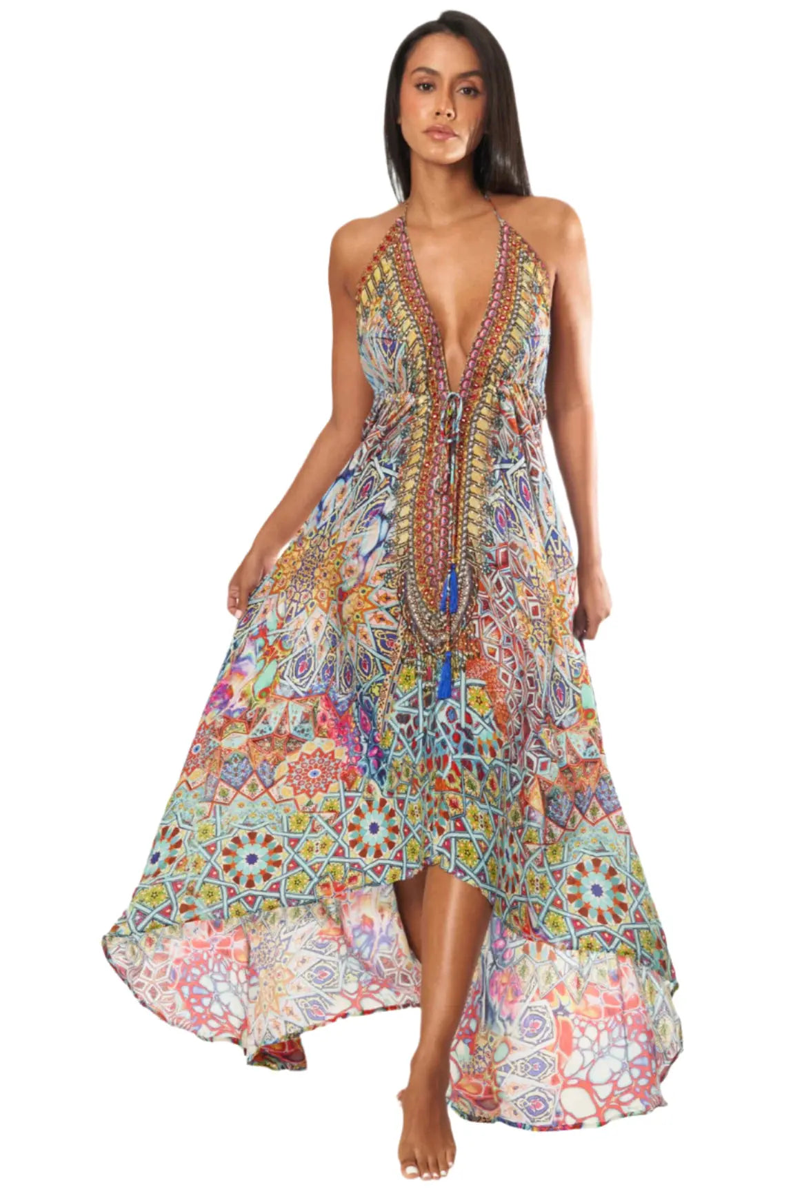 Designer Halter Neck Backless Resort Dress for Woman Lamodaclothing