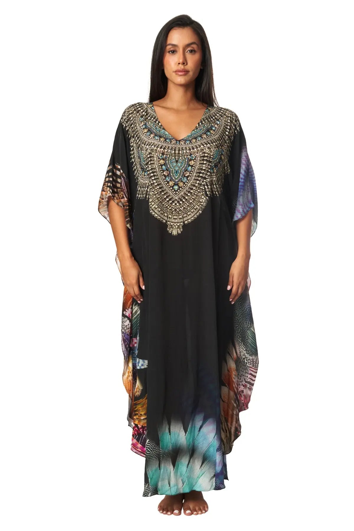 Lightweight Maxi Caftan Dress/Cover Up with Jewels - La Moda Clothing