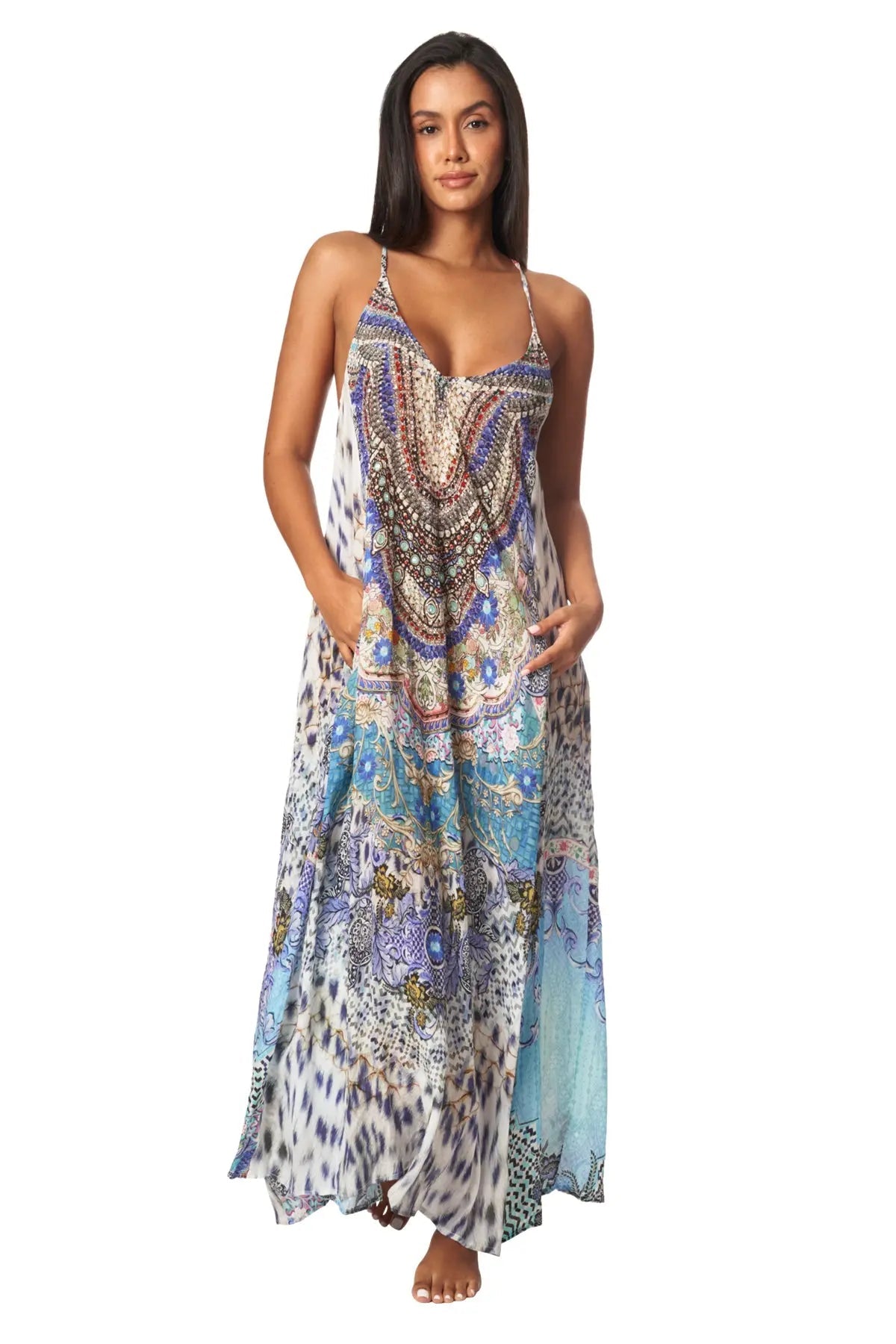 Elegant Racerback Maxi Pocket Dress in Viscose Silk - La Moda Clothing