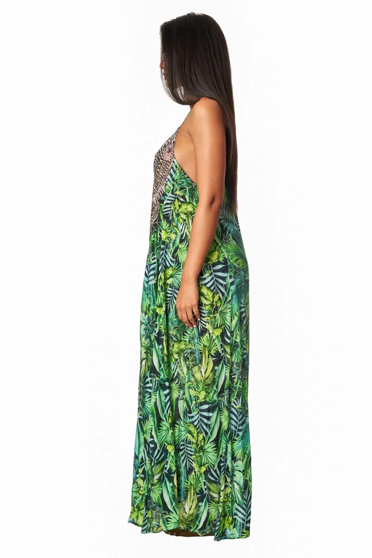 Wild Country Tropical Print Racerback Maxi dress with front pockets - La Moda Clothing