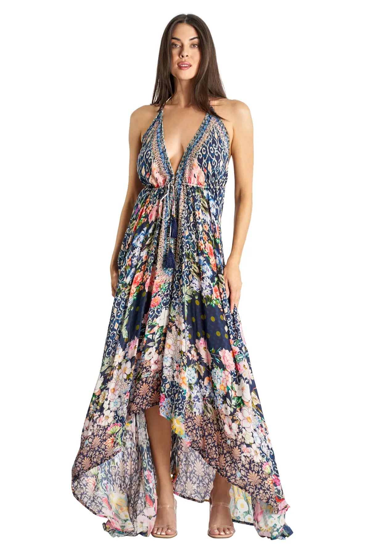 Resort Wear Halter Maxi Dress with Plunge Neckline La Moda Clothing