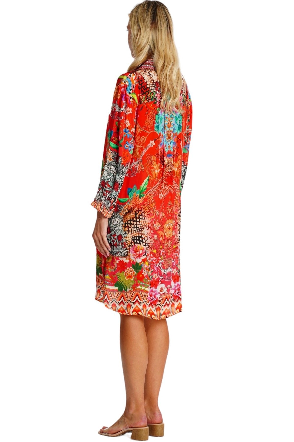 Turquoise Floral Shirt Dress – Tropical Print Beach Mini Dress - Designer Mini Dress | Elegant Kaftan Cover Up Dress | Club Moda USA