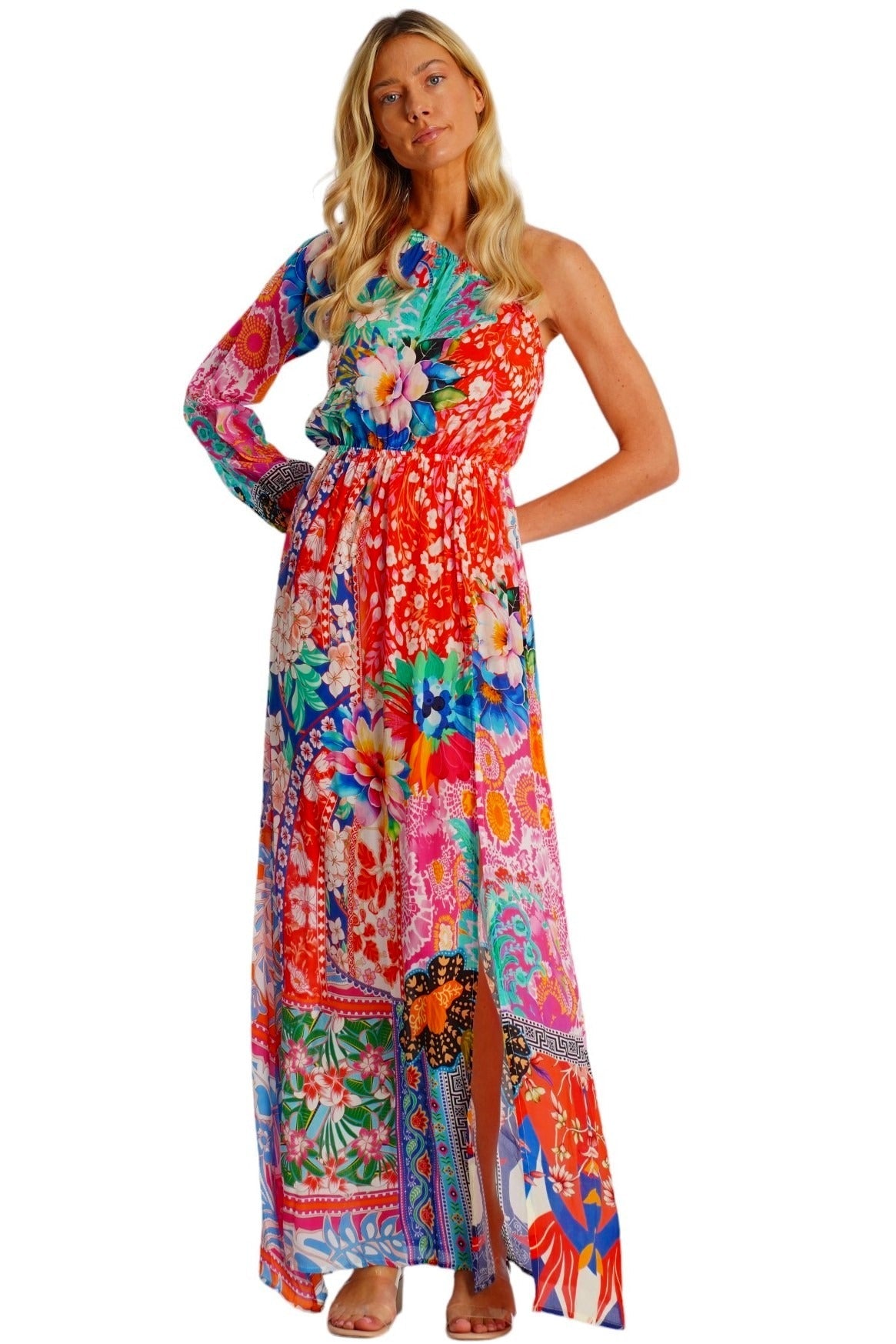 Red Tropical Floral One-Shoulder Maxi Dress - back view - Club Moda USA resort collection
