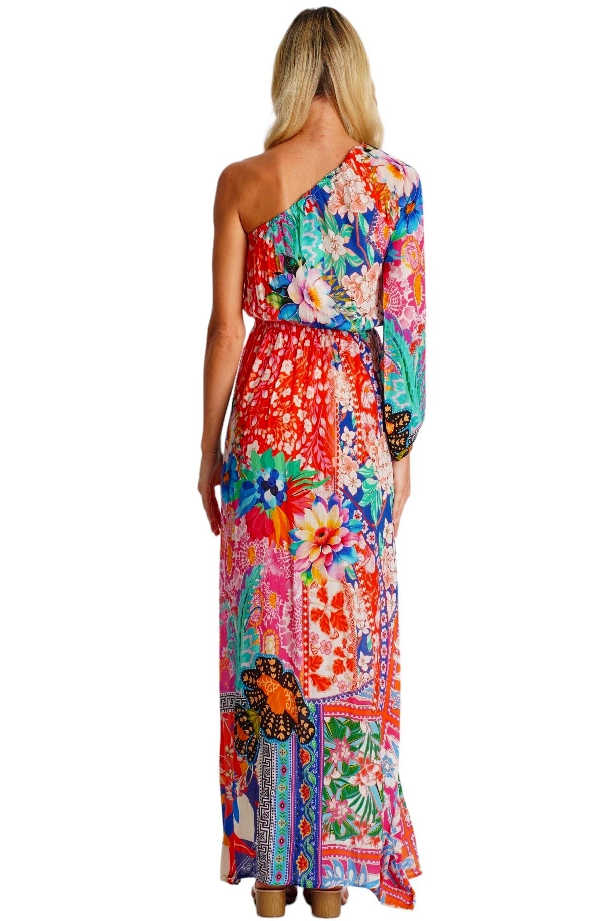 Red Tropical Floral One-Shoulder Maxi Dress - detail close-up - Club Moda USA vacation dress