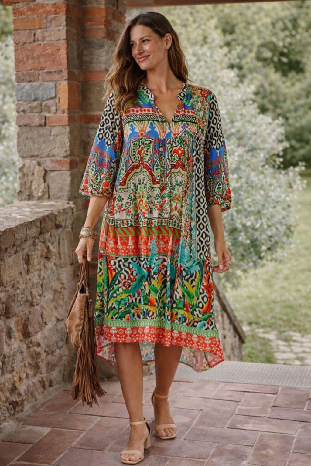 Multicolor Boho Tribal Print Midi Dress - Premium Resort Wear | Luxury Dresses for Vacation & Cruise | Club Moda