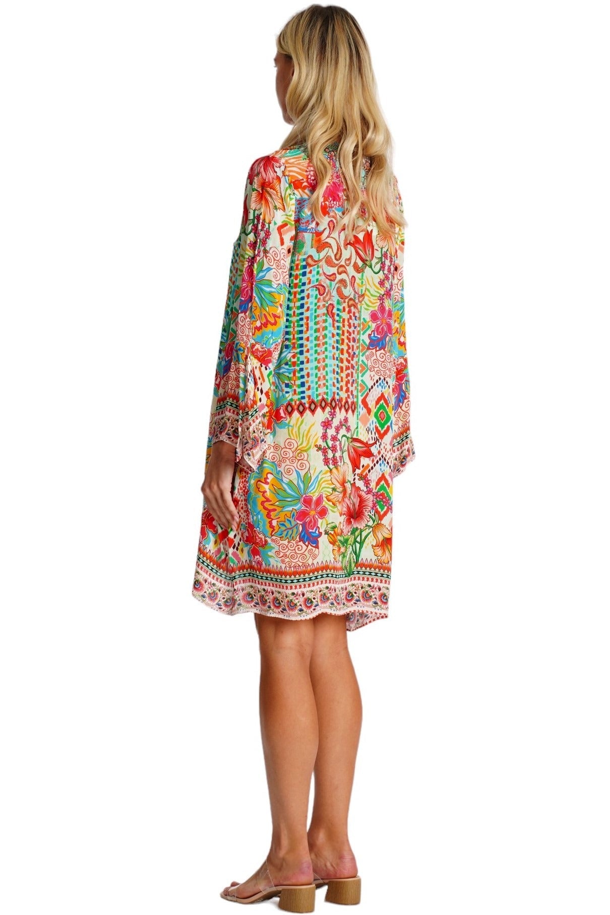 Patchwork Folk-Art Bell-Sleeve Mini Dress - Designer Mini Dress | Elegant Kaftan Cover Up Dress | Club Moda USA