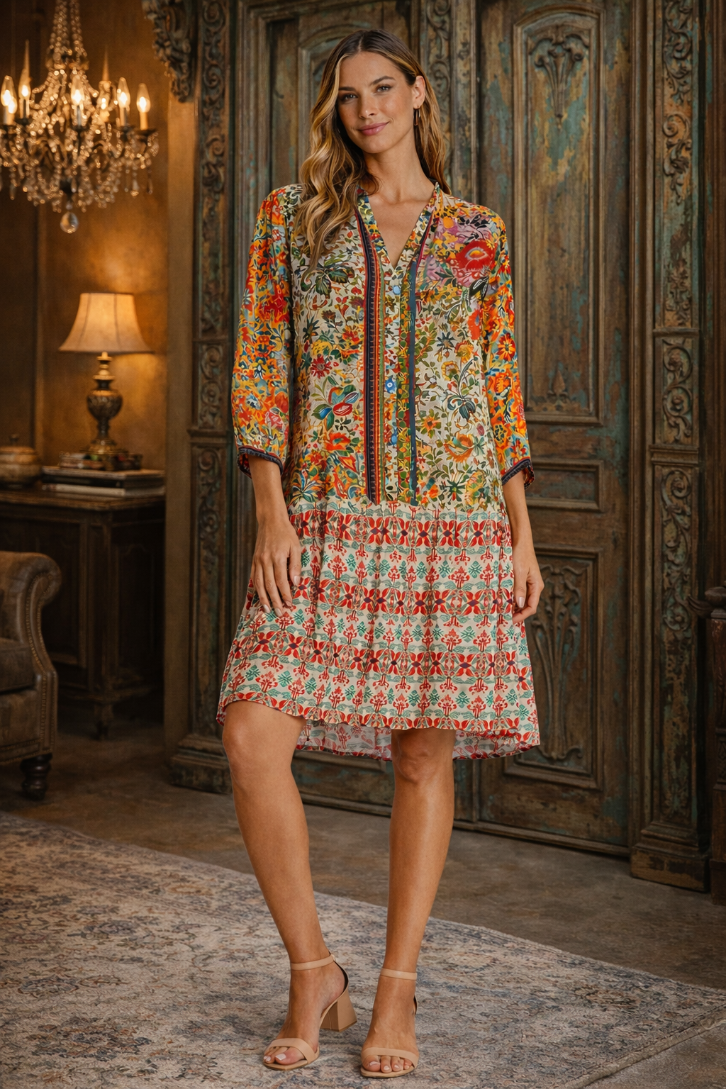 Earth Tone Bohemian Mini Dress – Floral Border Print Resort Dress - Premium Resort Wear | Luxury Mini Dress for Vacation & Cruise | Club Moda