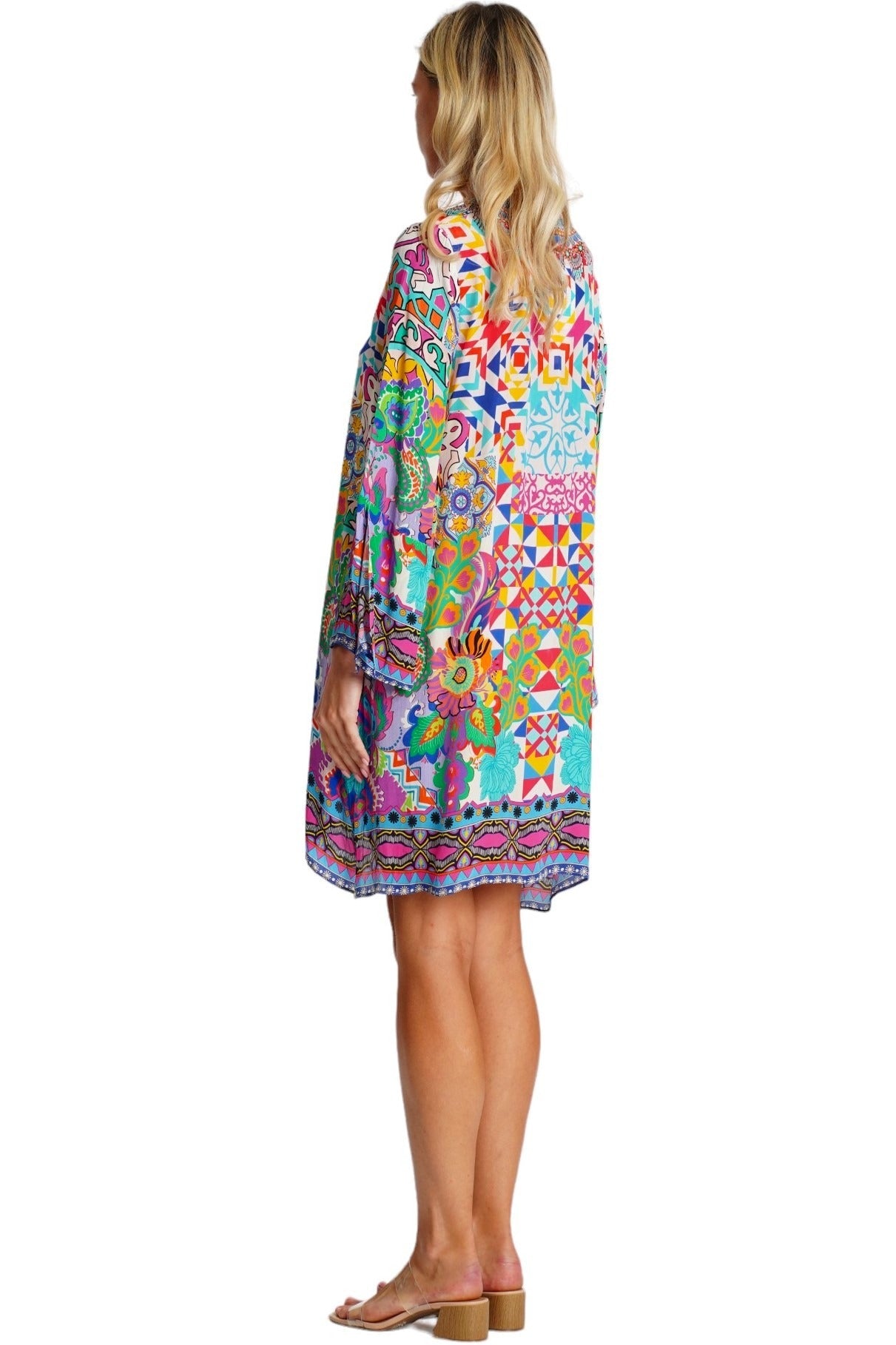 Multicolor Kaleidoscope Mosaic Kaftan Mini Dress - Designer Mini Dress | Elegant Kaftan Cover Up Dress | Club Moda USA