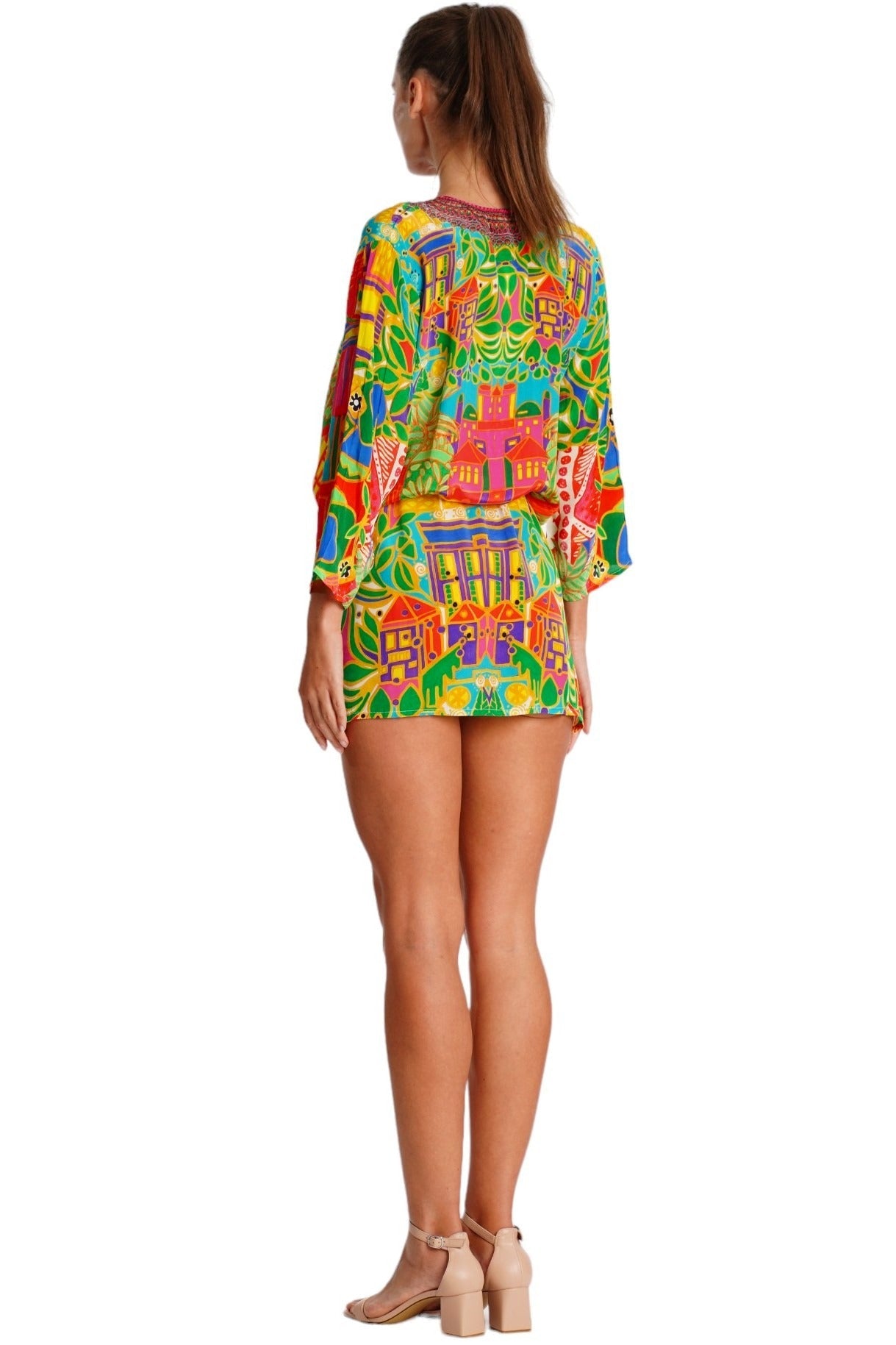 Vibrant Tropical Print Mini Dress – Colorful Resort Bell Sleeve Dress - Designer Mini Dress | Elegant Kaftan Cover Up Dress | Club Moda USA