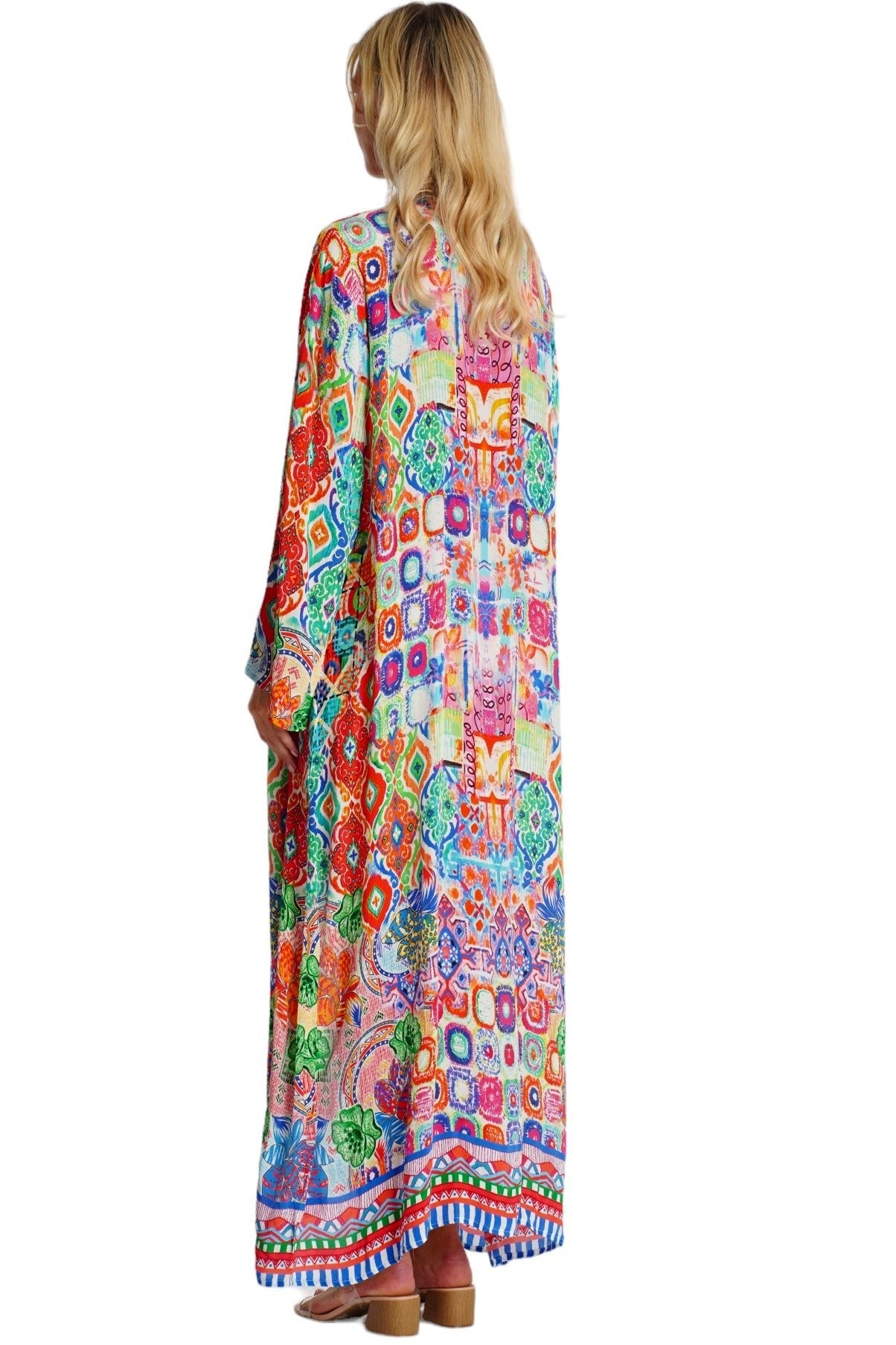 Long Printed Kimono Cover Up – Colorful Bohemian Beach Robe - Designer Kimono | Elegant Kaftan Cover Up Dress | Club Moda USA
