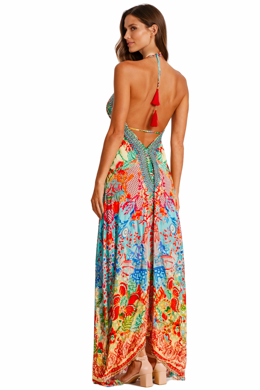Orange Coral Tropical Print Maxi Dress – Embellished Resort Wear for Women - Designer mxd | Elegant Kaftan Cover Up Dress | Club Moda USA