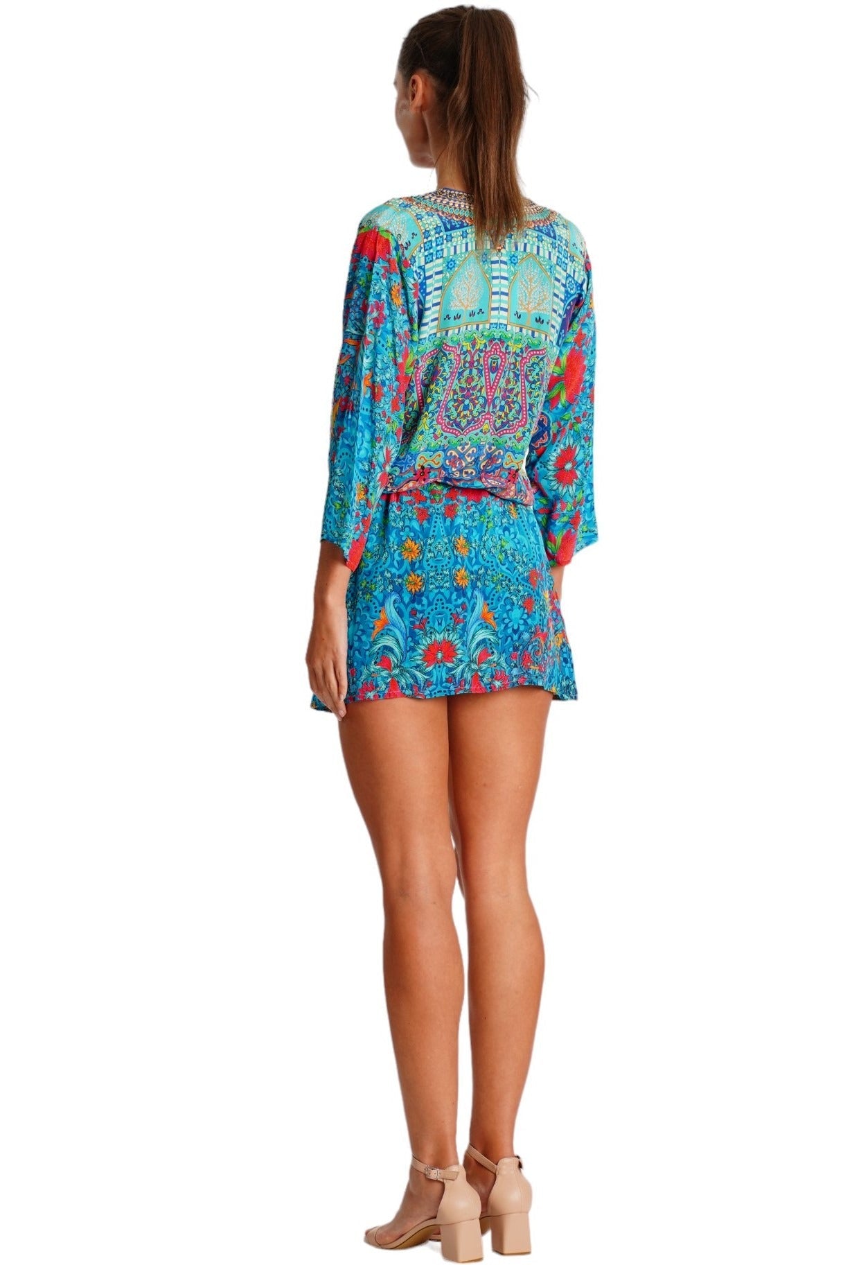 Deep Blue Tropical Mini Dress – Ocean Print Boho Vacation Dress - Designer Mini Dress | Elegant Kaftan Cover Up Dress | Club Moda USA