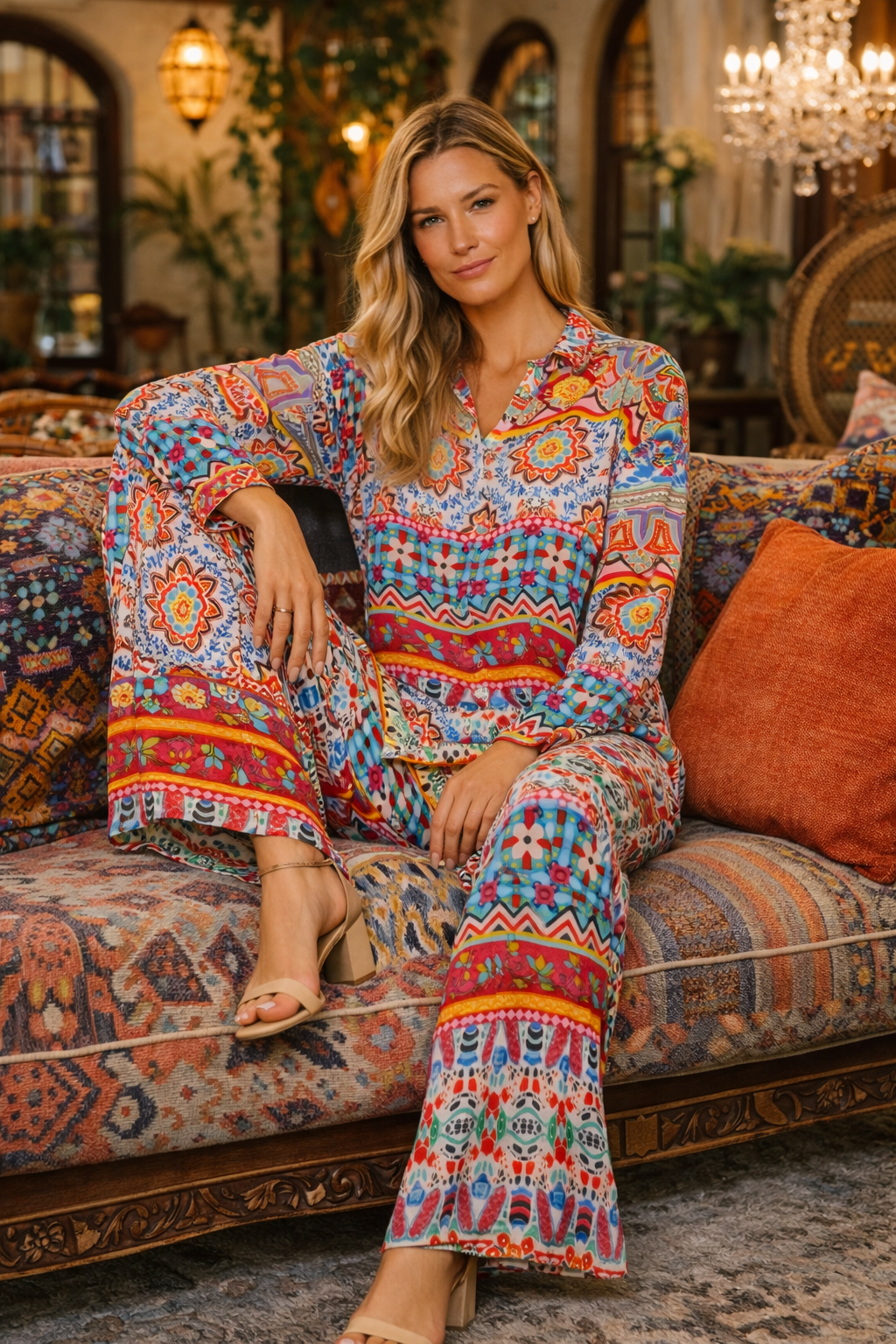 Bohemian Print Co-Ord Set – Colorful Resort Palazzo Pants & Top - Premium Resort Wear | Luxury cord set for Vacation & Cruise | Club Moda