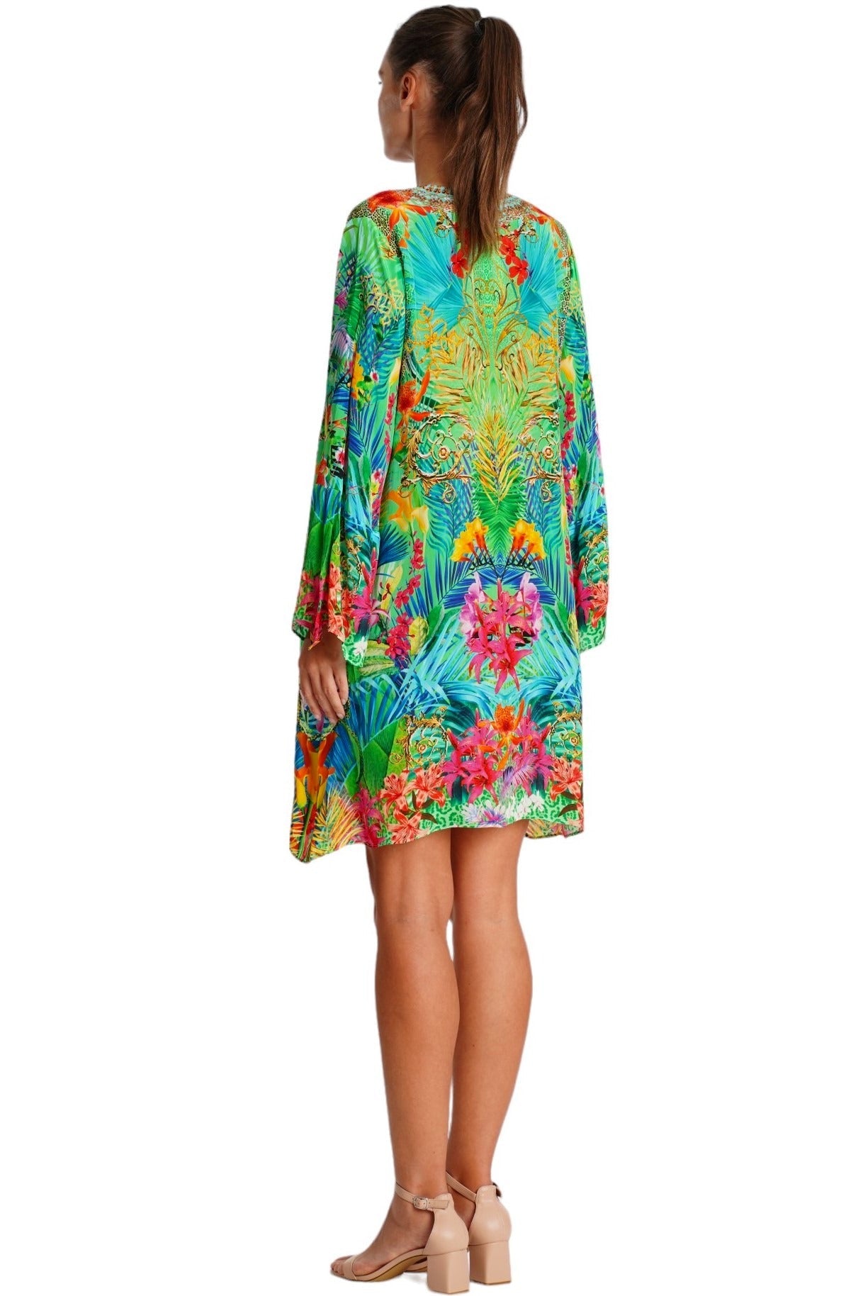 Green Tropical Floral Bell-Sleeve Mini Dress - Designer Mini Dress | Elegant Kaftan Cover Up Dress | Club Moda USA