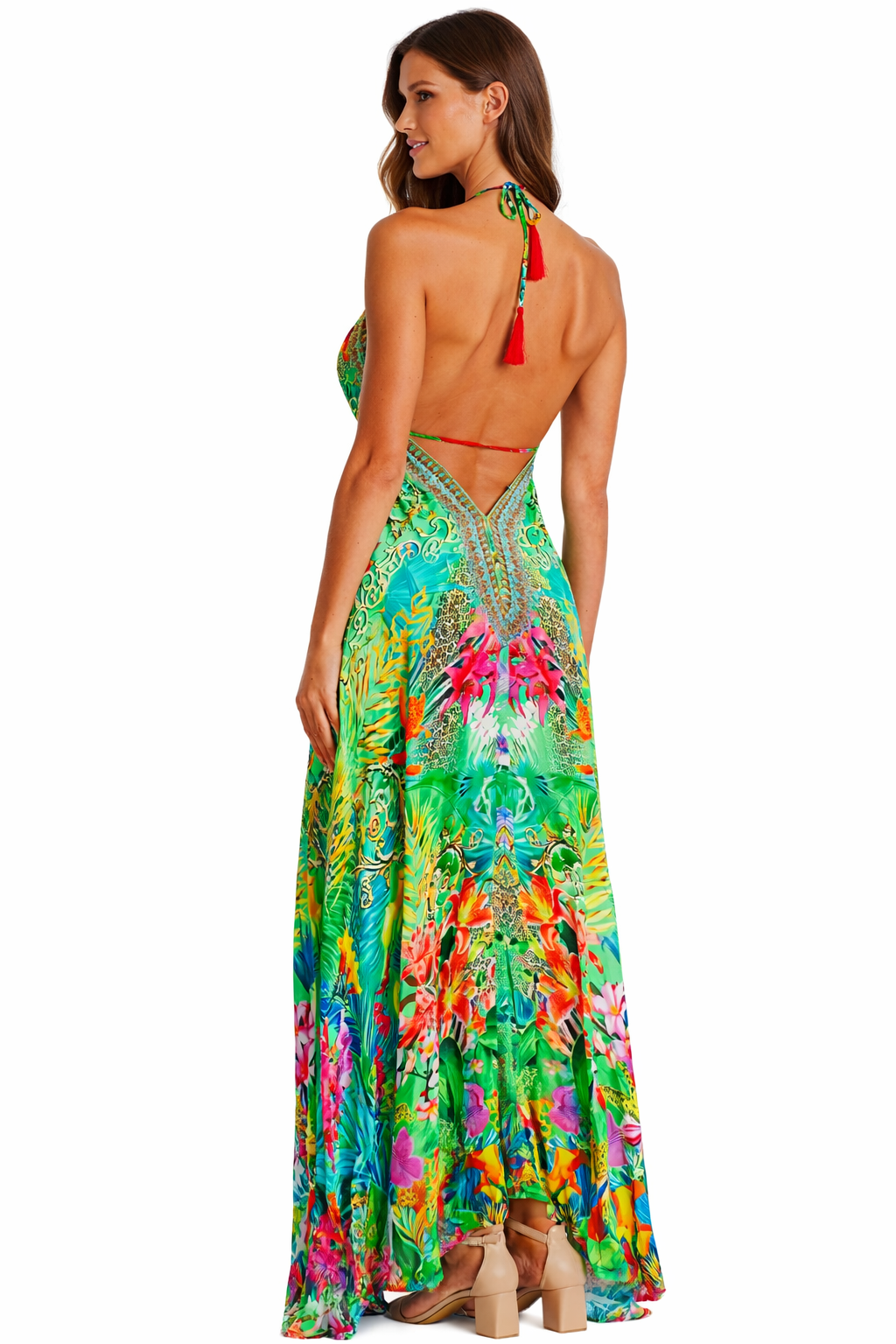 Green Tropical Floral Print Maxi Dress – Embellished Resort Wear for Women - Designer mxd | Elegant Kaftan Cover Up Dress | Club Moda USA