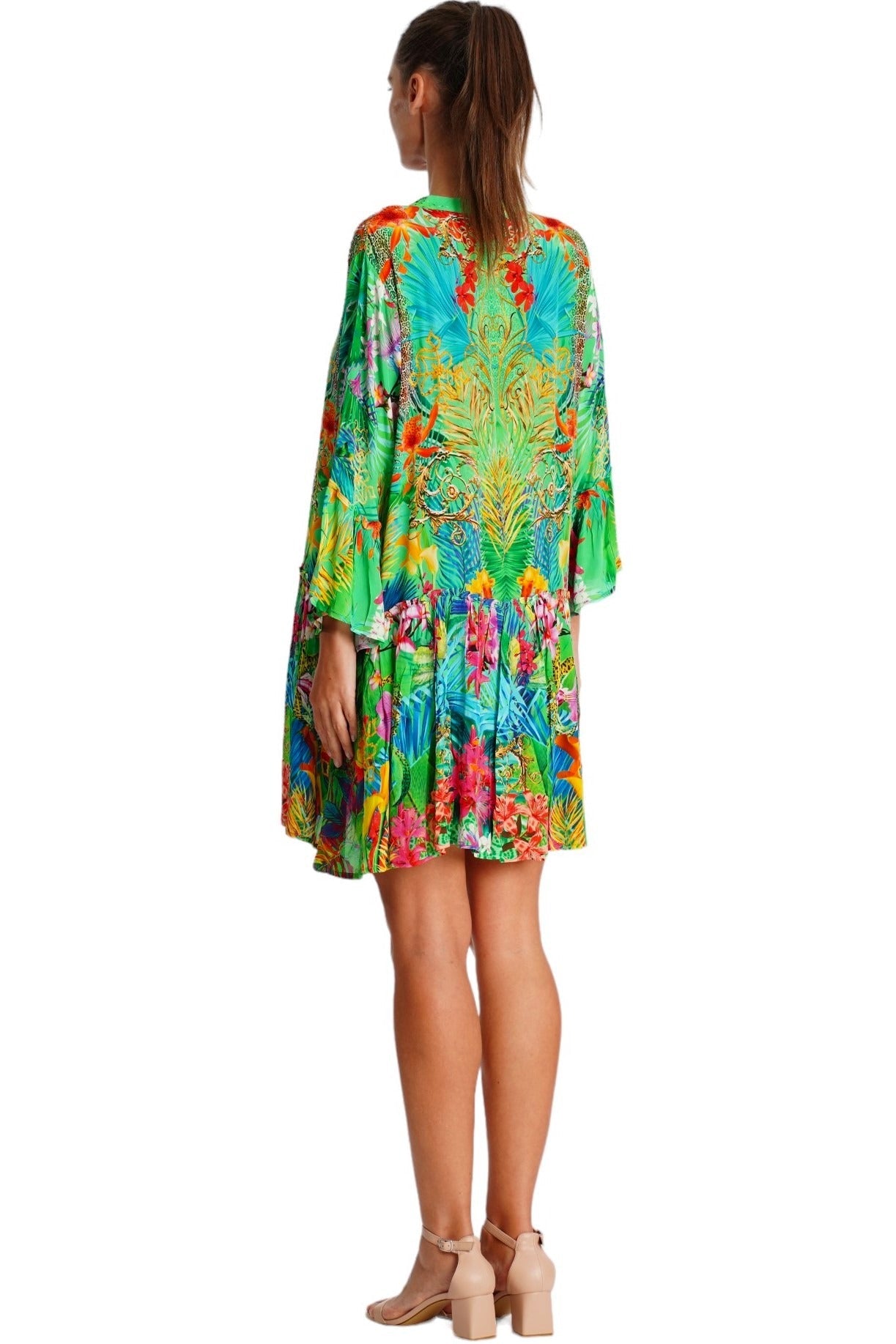Green Tropical Floral Tiered Mini Dress - Designer Mini Dress | Elegant Kaftan Cover Up Dress | Club Moda USA