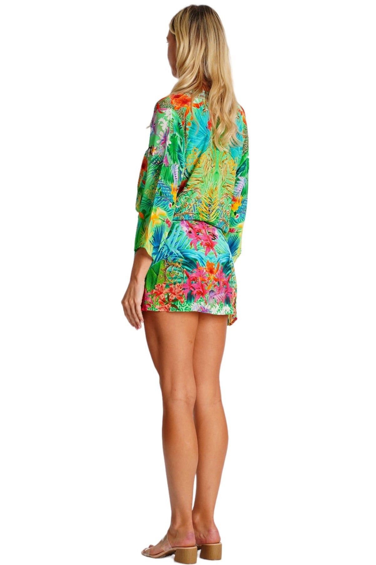 Green Tropical Print Mini Dress – Flowy Boho Resort Dress - Designer Mini Dress | Elegant Kaftan Cover Up Dress | Club Moda USA