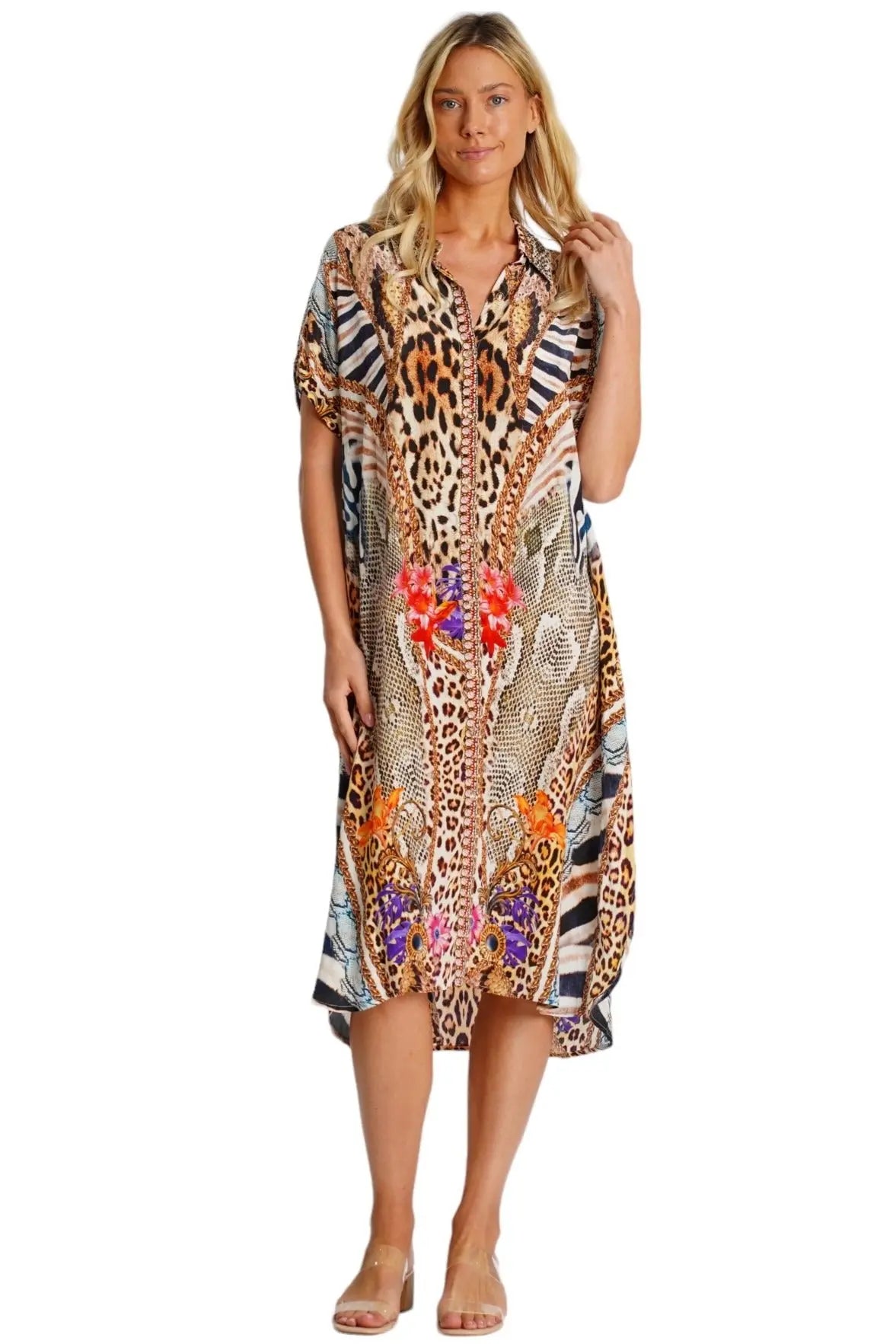 Mixed Animal Pattern Shirt Dress La Moda Clothing
