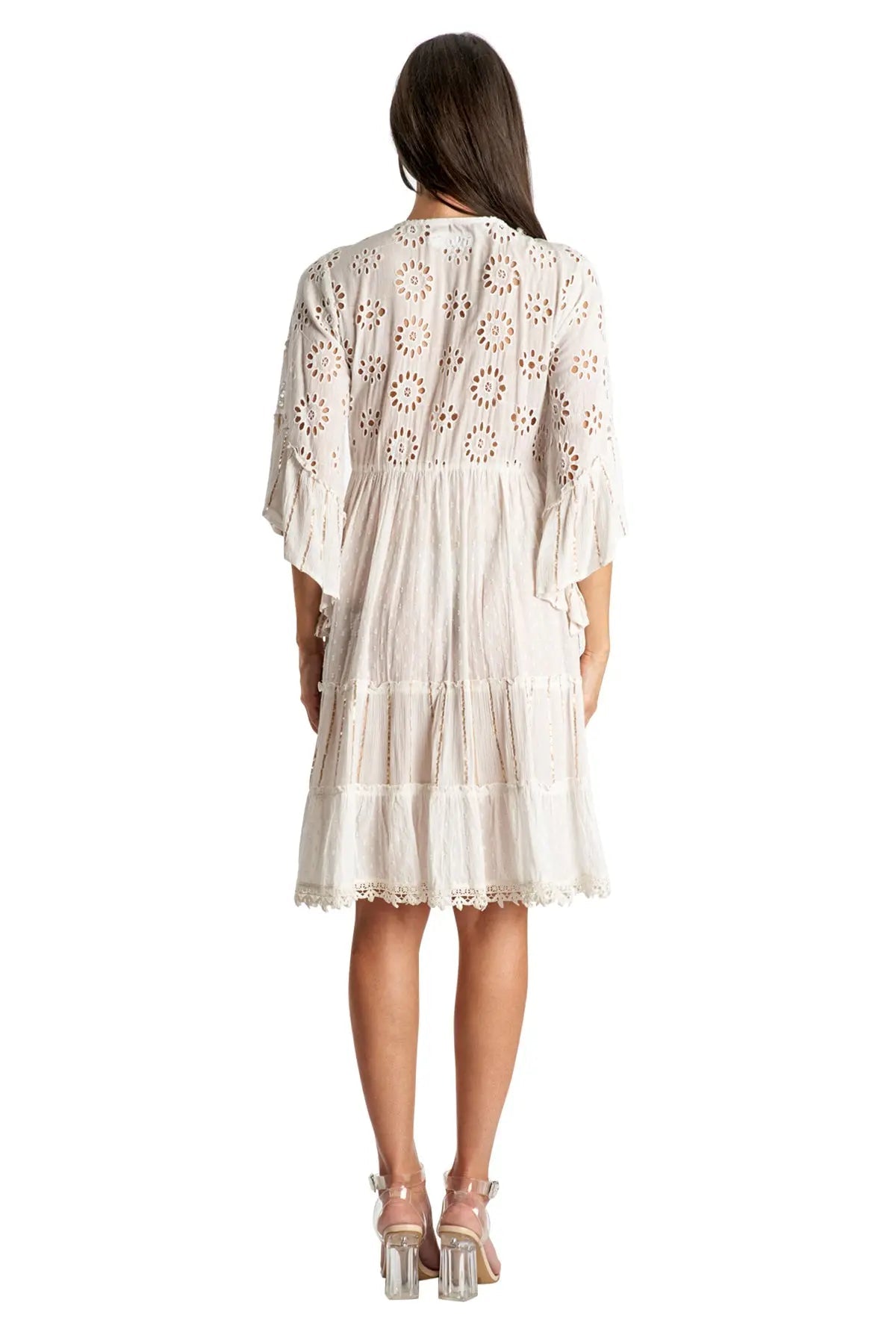 3/4 Sleeve Eyelet Resort Dress in White - La Moda Clothing
