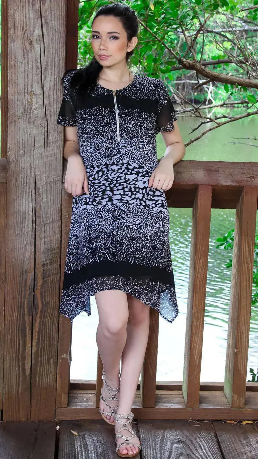 Black and White Animal Print Asymmetrical Tunic Dress | Beach Dresses Wholesale - La Moda Clothings