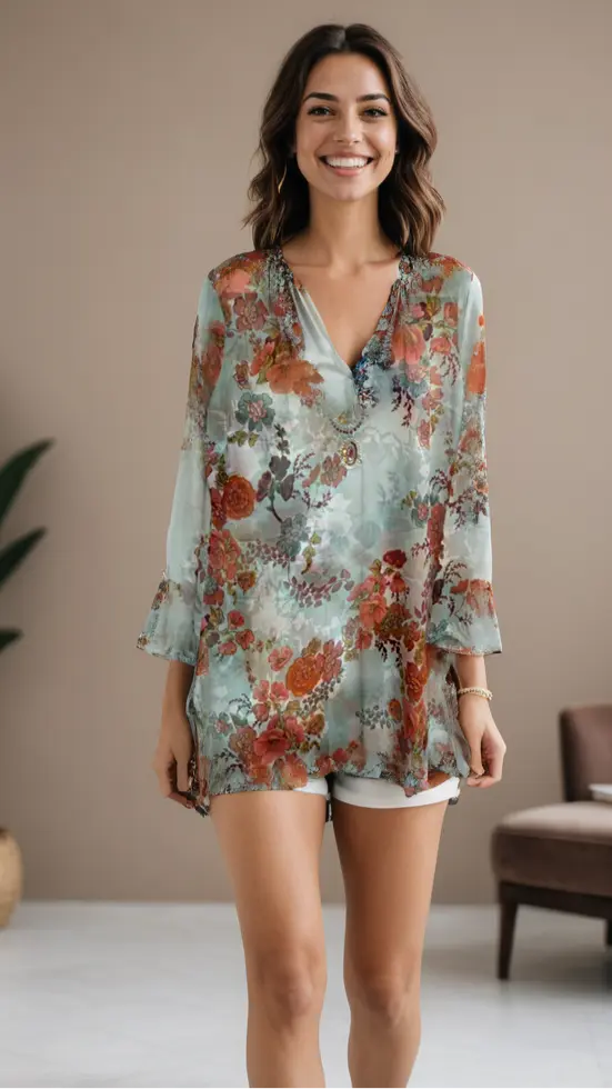 A smiling woman with wavy brown hair wears the La Moda Clothing Animal Print Cover Up, a loose long-sleeve blouse in soft green, red, and orange tones over white shorts. She stands indoors by a plant and chair, accessorized with minimal jewelry.