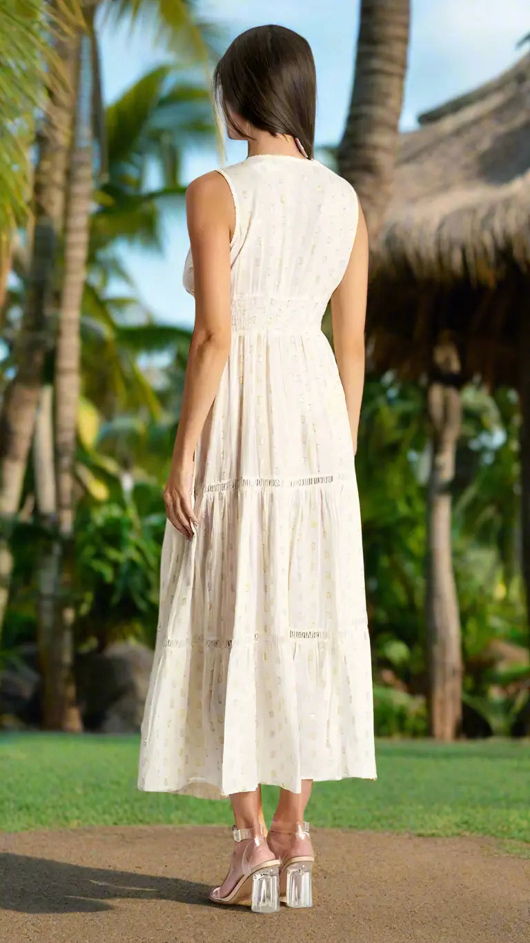 Off White Tiered Maxi Resort Dress - La Moda Clothing