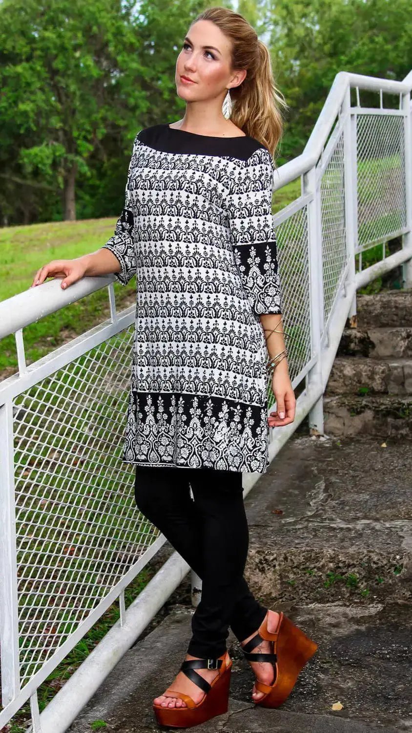 Boat Neck Black and White Printed Tunic Dress Wholesale | Tunic dresses Wholesale - La Moda Clothings
