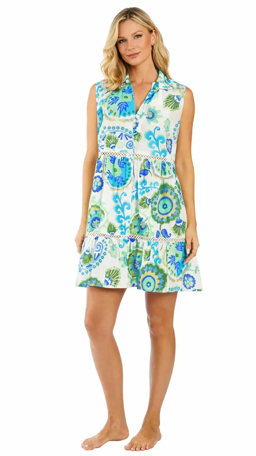 Blue Green Print Resort Mini Dress | Luxury Vacation Dress - Designer Mini Dress | Elegant Kaftan Cover Up Dress | Club Moda USA