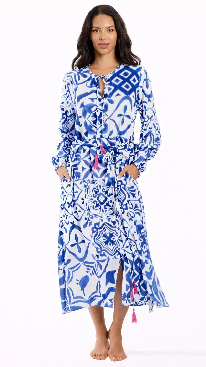 Blue Mediterranean Caftan Dress | Luxury Resort Wear - Designer Beach Dress | Elegant Kaftan Cover Up Dress | Club Moda USA