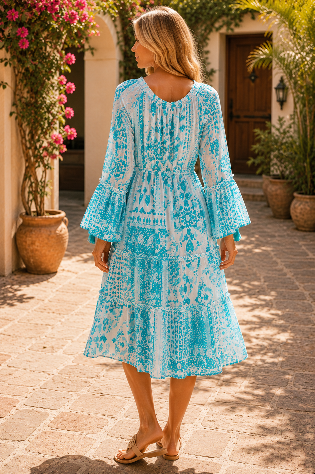 Women's Aqua Blue Boho Tiered Midi Dress | Resort Vacation Dress with Bell Sleeves