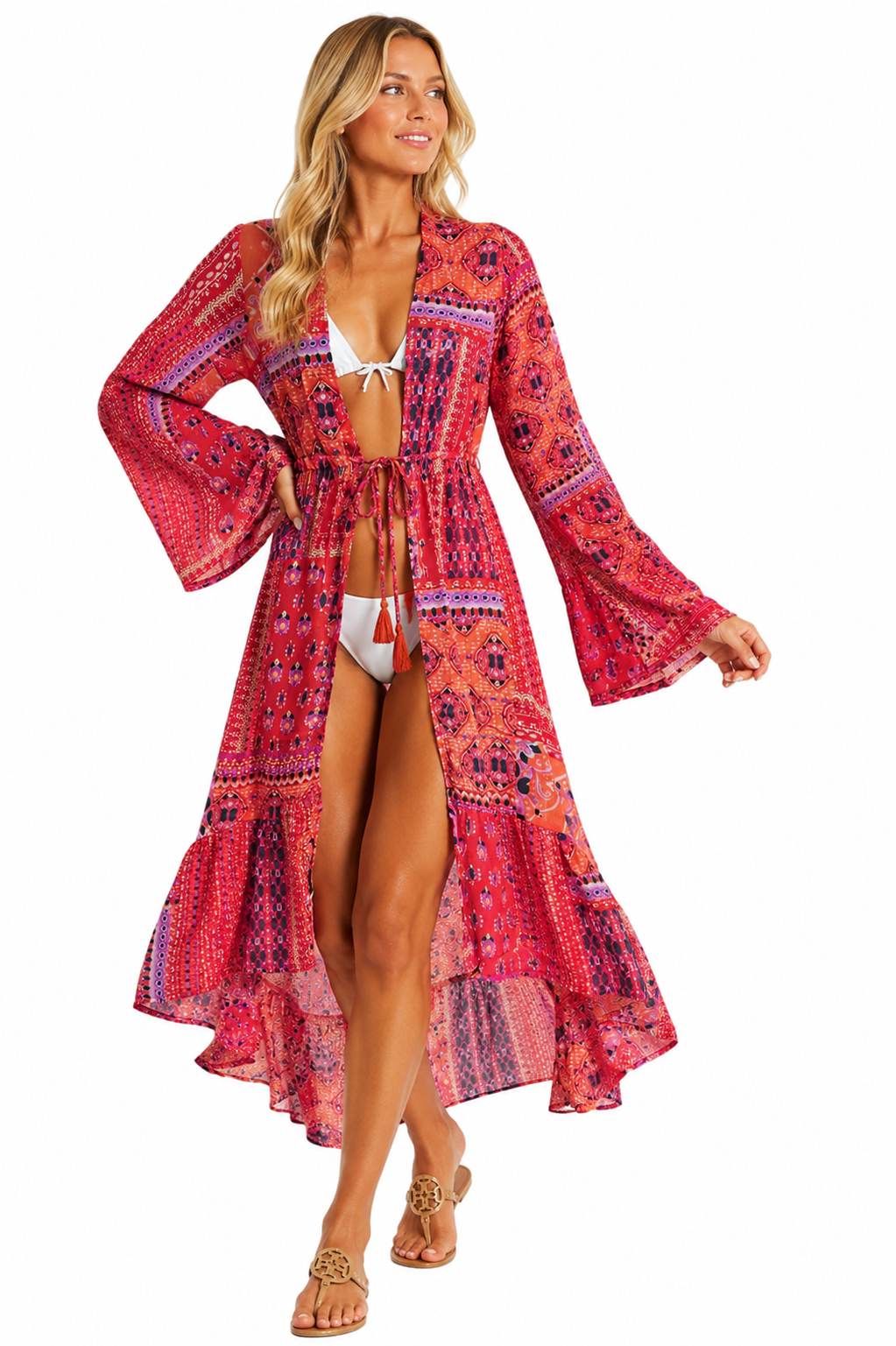 Women's Boho Kimono Cover Up | Coral Pink Tropical Resort Beach Cover-Up