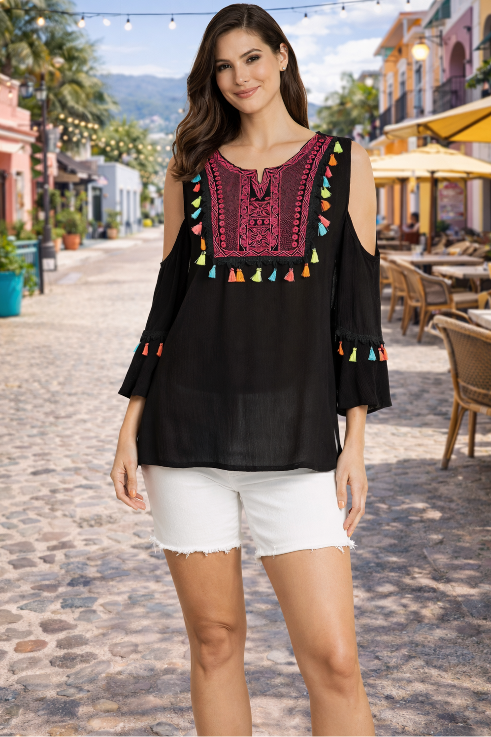 Embroidered Cold Shoulder Cover-Up Top with Colorful Tassels - Designer Tunics | Elegant Kaftan Cover Up Dress | Club Moda USA