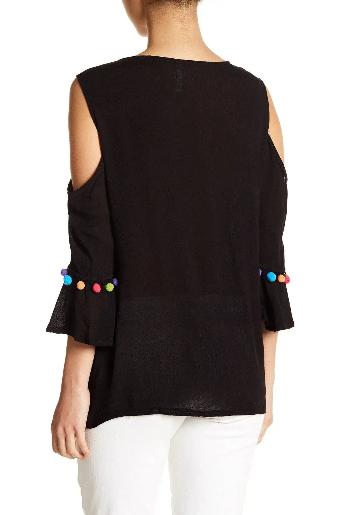 Black Embroidered Cold Shoulder Top with Colorful Pompoms - La Moda Clothings