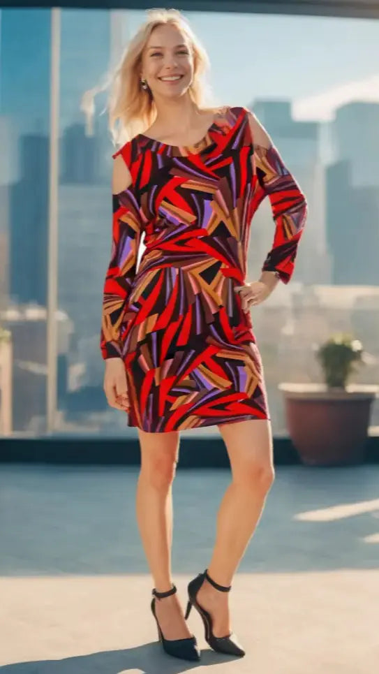 Trendy Cold Shoulder Resort Dress – women’s tunic style geometric print beach dress, long sleeve resort wear, cruise outfit, tropical vacation cover up.